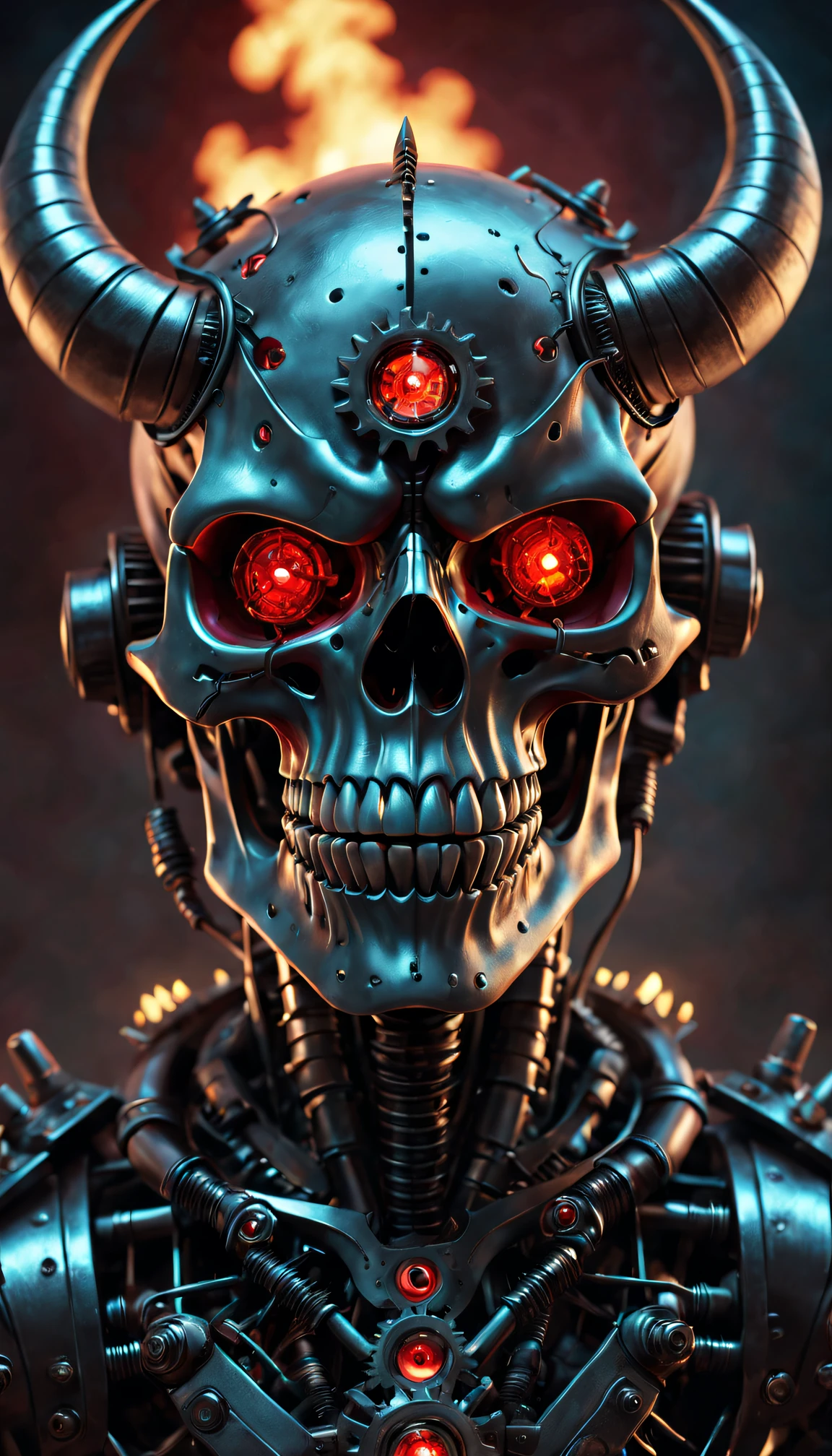   Internal combustion engine pistons with an anime-style mechanical skull


