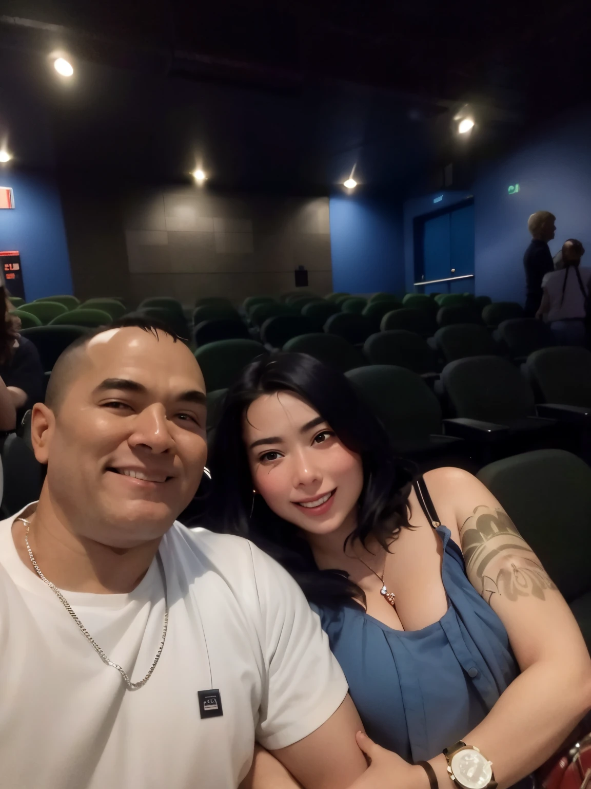 There's two people sitting in a theater together, em um cinema, sentado em um cinema, Cinema 4D, teatral!, teatro, Fotografia tirada em 2 0 2 0, cinemactic!!, Tyler Edlin e Natasha Tan, Estrelando o filme Thor Ragnarok, imagem do filme, filme imax tiro, audience in the background, 8k imax |, 7 0 mm imax