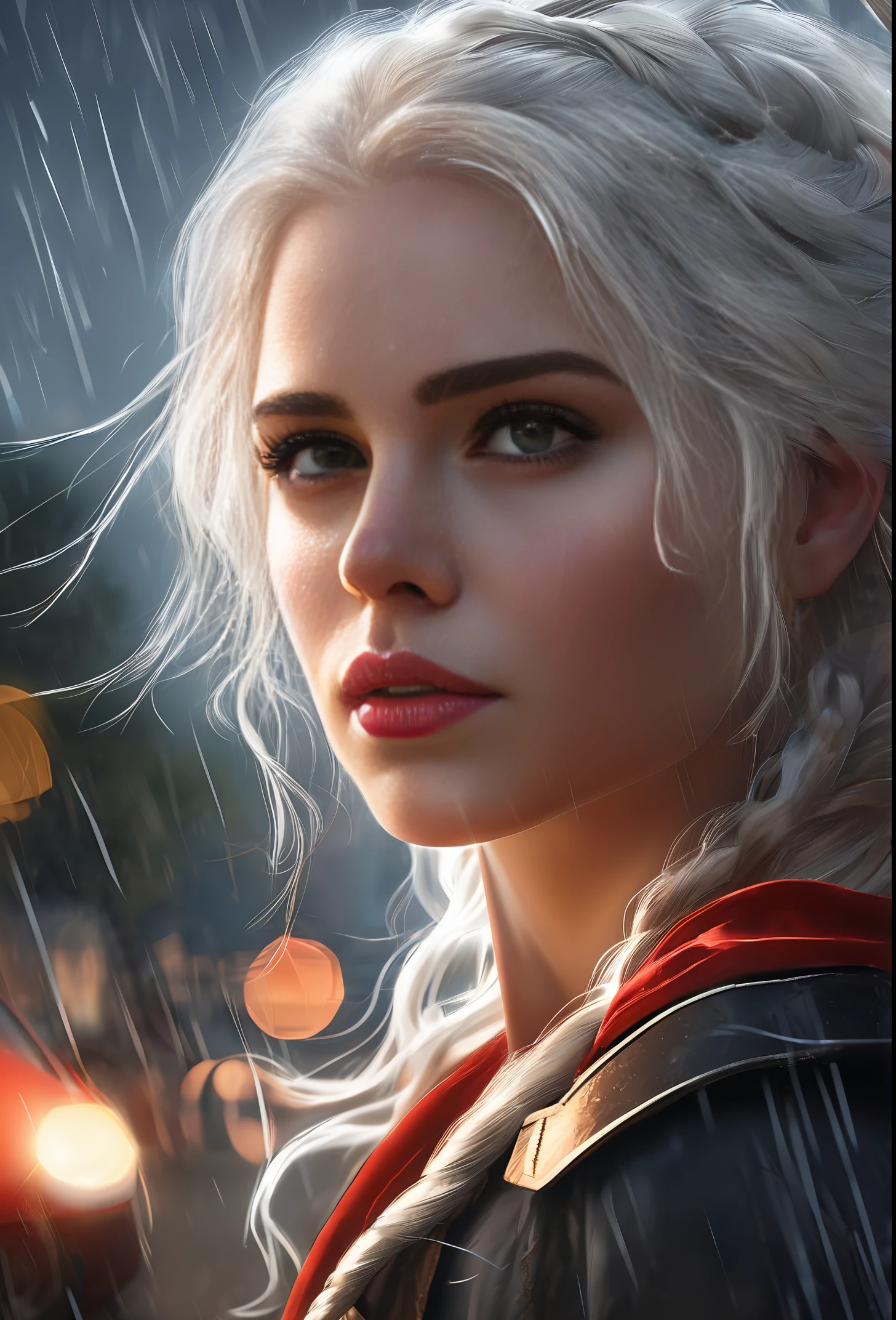 masterpiece, best quality, extremely detailed, cinematic lightning, intricate detail, highres, official art, finely detailed beautiful face and eyes, high resolution illustration, 8k, depth of field, bokeh, solo, 1girl, a girl with white hair and red eyes, long white hair, beautiful red eyes, beautiful landscape, rainy city, upper body, looking at viewer, close up