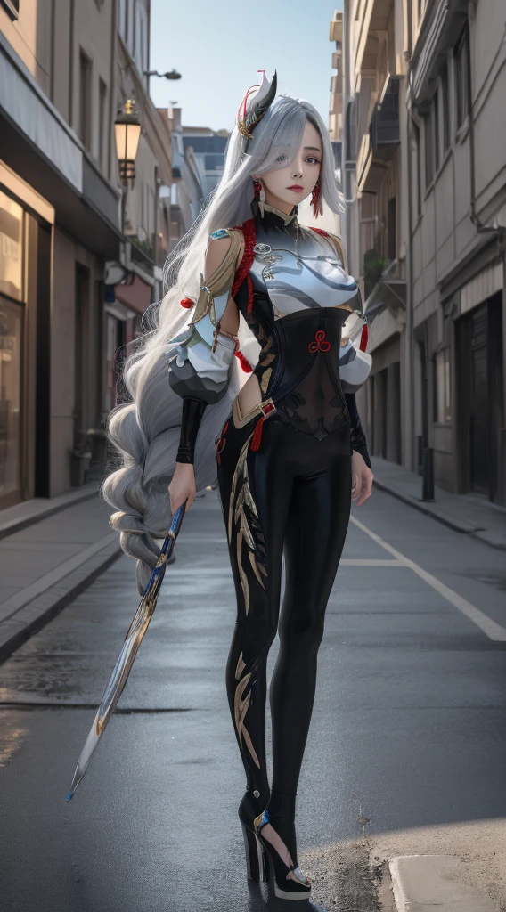 (masterpiece, best quality, ultra-detailed, highres), perfect face, sidelighting, lustrous skin, standing,
(bloom), (shine), lighting, ray tracing, sci-fi, city, street, outdoor, depth_of_field,
shenhe \(genshin impact\), silver eyes , hair over one eye, (hair ornament) , breast curtain, high heels, long hair, whirlwind of water