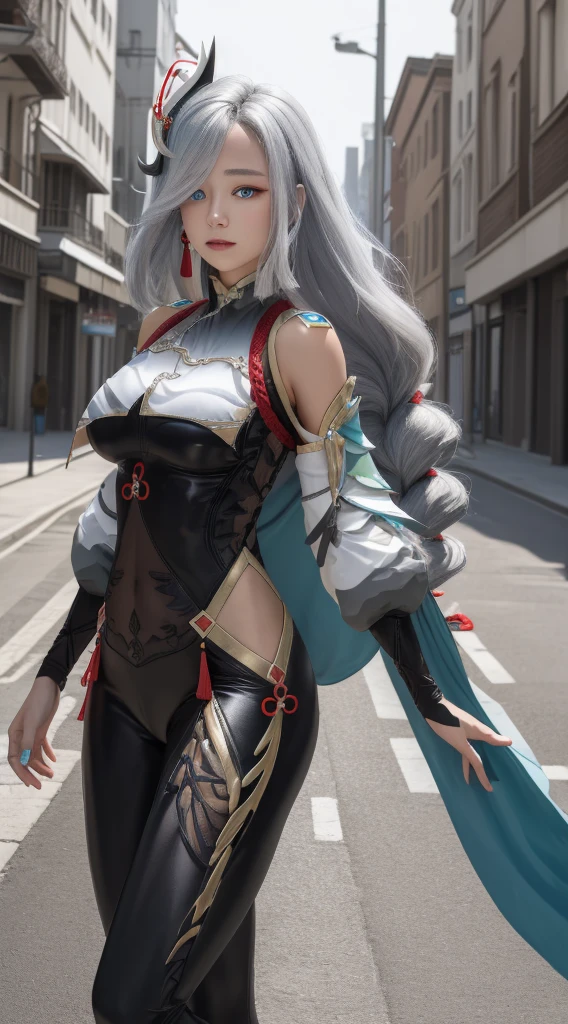 (masterpiece, best quality, ultra-detailed, highres), perfect face, sidelighting, lustrous skin, standing,
(bloom), (shine), lighting, ray tracing, sci-fi, city, street, outdoor, depth_of_field,
shenhe \(genshin impact\), silver eyes , hair over one eye, (hair ornament) , breast curtain, high heels, long hair, whirlwind of water