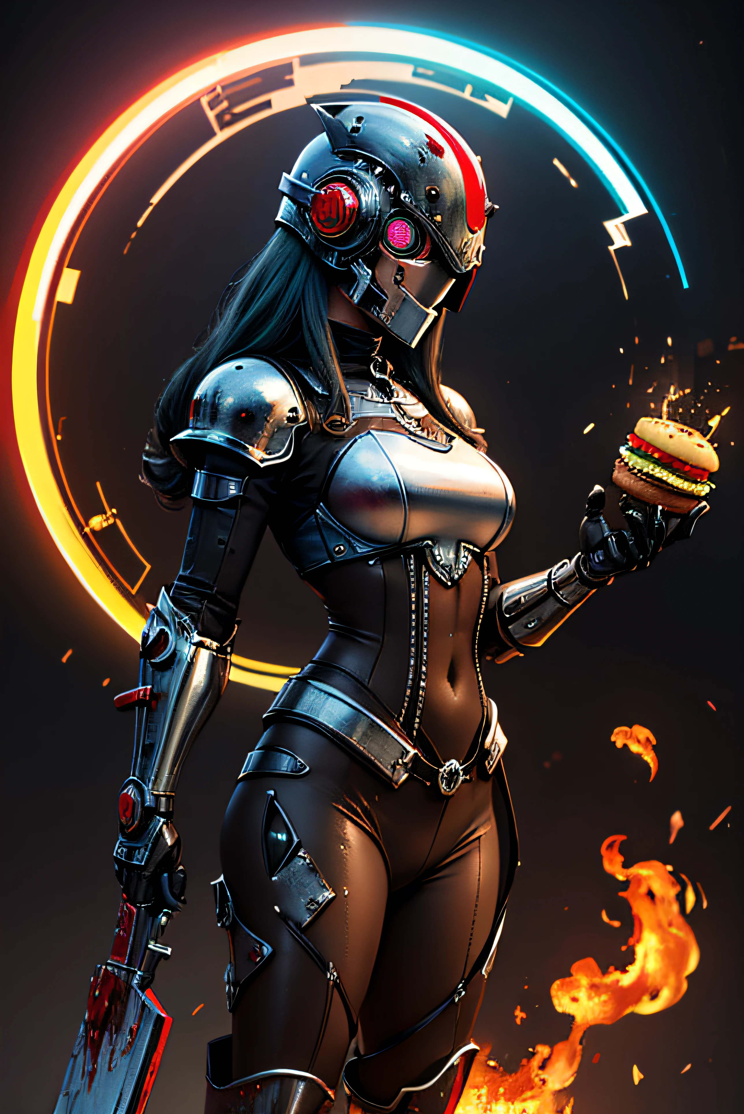 pixel sorted,(Anthropomorphic hamburgers:1.5) Role-play superheroering a helmet,(Blood Art:1.2),Bloodstained battle flagechanize the body,Robotic arm,Mechanical parts are damaged,steampunc,Hamburger on black background,Metal polished bone coating,Various weapons surround the hamburger,Form different structurereath-taking rendering, Magical rainbow elements,Splendid round rainbow combination,circular composition,Solo