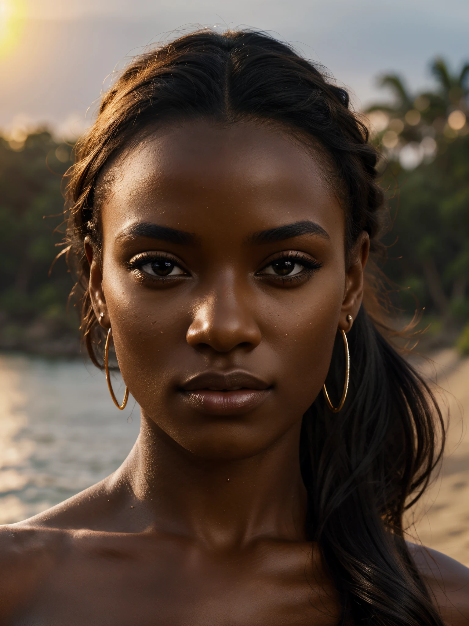 best quality, masterpiece, ultra high res, (photorealistic:1.4), 1girl, (black woman:1.3), offshoulder, deep shadow, detailed face, detailed eyes, shiny skin, sunset