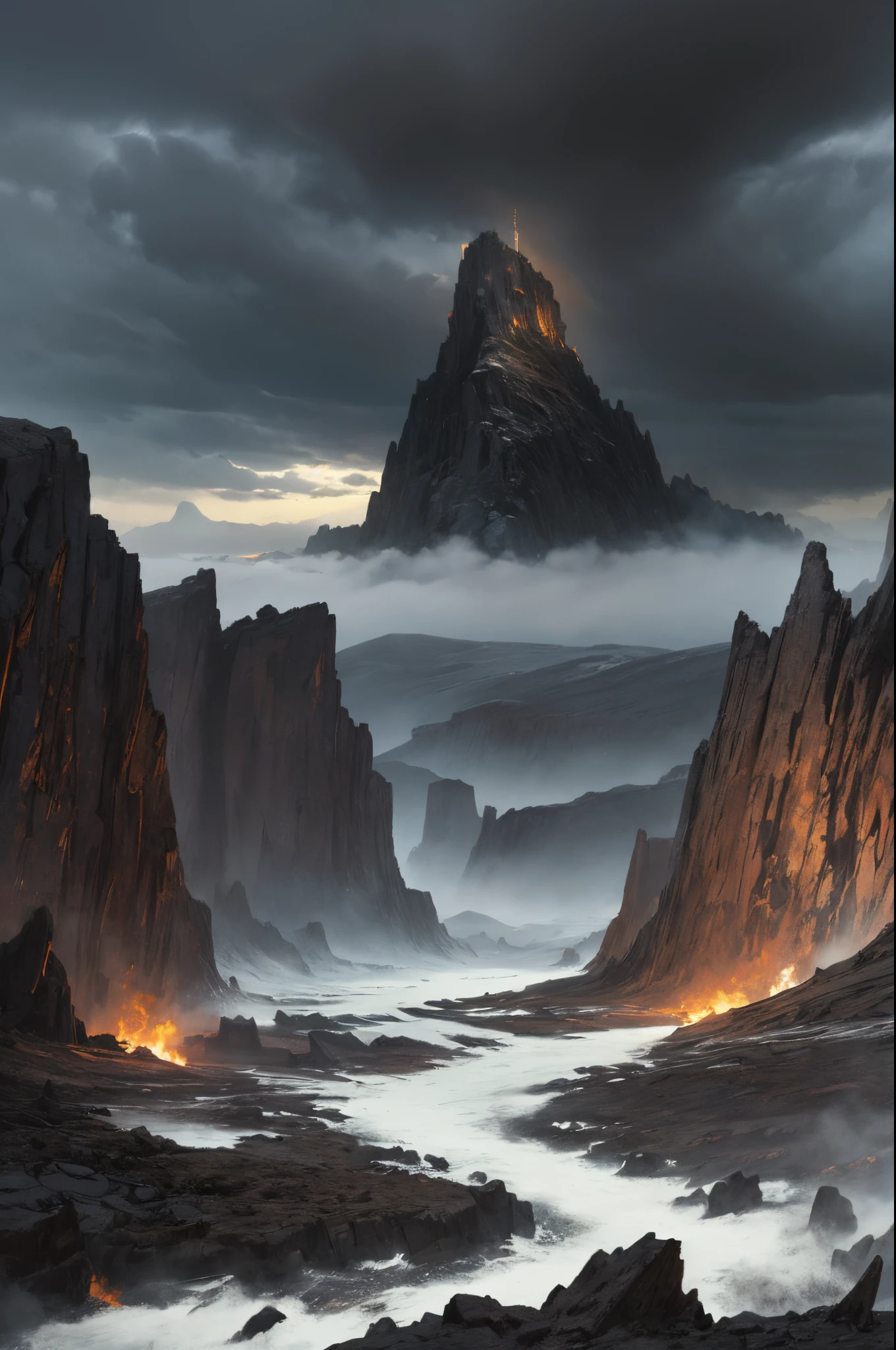 A powerful and fierce warrior with a muscular build and fierce gaze, wielding a massive, sharp-edged sword, surrounded by a desolate and rugged landscape. The warrior's rough and weathered skin, adorned with scars and tattoos, portrays a life of battles. The warrior's wild, unkempt hair and beard add to his savage appearance. The landscape showcases barren mountains, with jagged cliffs and rocky terrain. The sky above is filled with dark, ominous clouds, hinting at an approaching storm. The lighting is low and dramatic, casting deep shadows on the warrior's face and emphasizing his rugged features. The color scheme is dominated by earthy tones, with hints of rusty red and dark grays, enhancing the harshness of the surroundings. The artwork is a highly-detailed and realistic oil painting, capturing the intensity and power of Conan the Barbarian. (best quality, highres), ultra-detailed, (realistic:1.37), portraits, desolate landscape, muscular warrior, stormy atmosphere, rugged terrain, dark and dramatic lighting, earthy color palette. frank frazetta