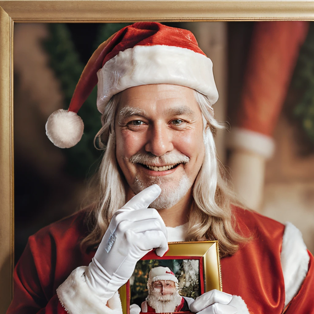 Jolly Smiling Santa Clause holding a photo frame Infront of his chest, wearing gloves, not covering his face. Ultra HD, highly detailed