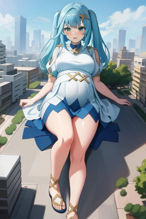 Giant maiden，Moe two-dimensional style，Pregnancy status，Round belly，Gaze at the bustling city, Looking at viewer, Lying down, Full body