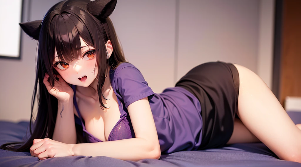 Hinata hyuga,solo, 1 girl,hot pose, medium chest, skirt t-shirt,Draw (Hinata Hyuga) in her (byakugan form), with (white eyes) and (purple veins) around them.with a (horney expression) on her face. The background is a (bad room), with (bra) and (under wear) around her.high quality,8k image, masterpiece,