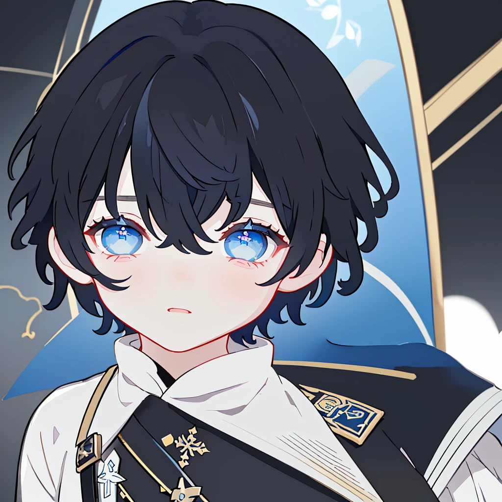A , with messy short boyish hair, black hair, blue eyes, adorable eyes, (correct anatomy, advanced details, high quality result), (male), (solo), (young), [realistic], [vivid colors], [studio lighting], [sharp focus], [physically-based rendering], [extreme detail description], [portraits], [soft and warm tones], [natural lighting].