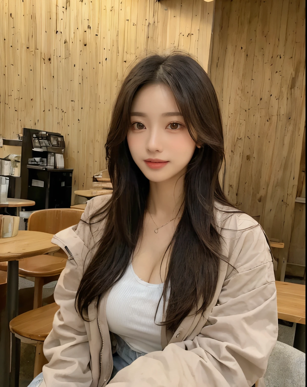 (((Best Quality, 8K, Masterpiece: 1.3,)), high-definition facial features, delicate facial feature, 1girl, Slim Abs Beauty: 1.3, ((long hair, natural hair, Big Breasts: 1.3)), ((((wearing causal attire with jacket)))), Fine Face, (((Delicate Eyes))), Double Eyelids, Smile, looking at the viewer, (full body 1.5), (((inside a cafe sitting))), ((((natural background))))