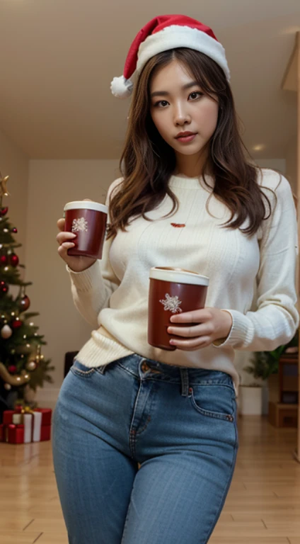 korean woman, beautiful, seductively, fully clothed, beautiful busty female, seductive pose, slim body, heavy eye makeup, wearing santa hat, standing in front of christmas tree, wearing white sweater, wearing blue jeans, holding cup of hot chocolate