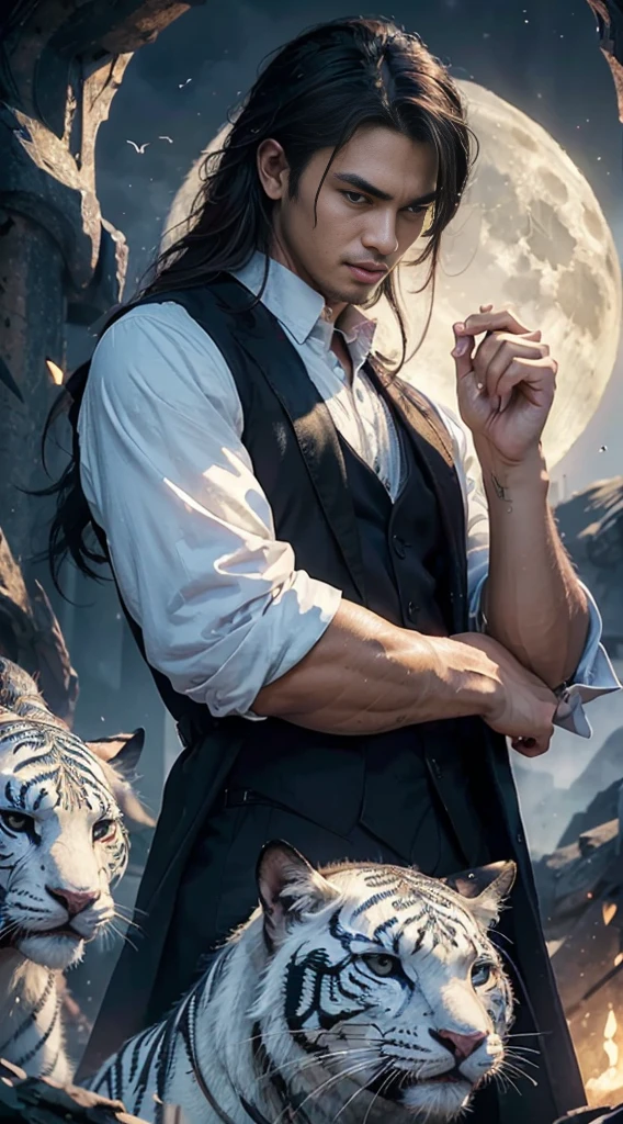 (masterpiece:1.2), (illustration), (best quality:1.2), (best aesthetic:1.2), (beautiful art:1.2), (ultra-detailed:1.2), (8k), (HDR), (wallpaper), (sharp focus), (intricate), (hyper realistic), men, javanese, handsome, full moon
