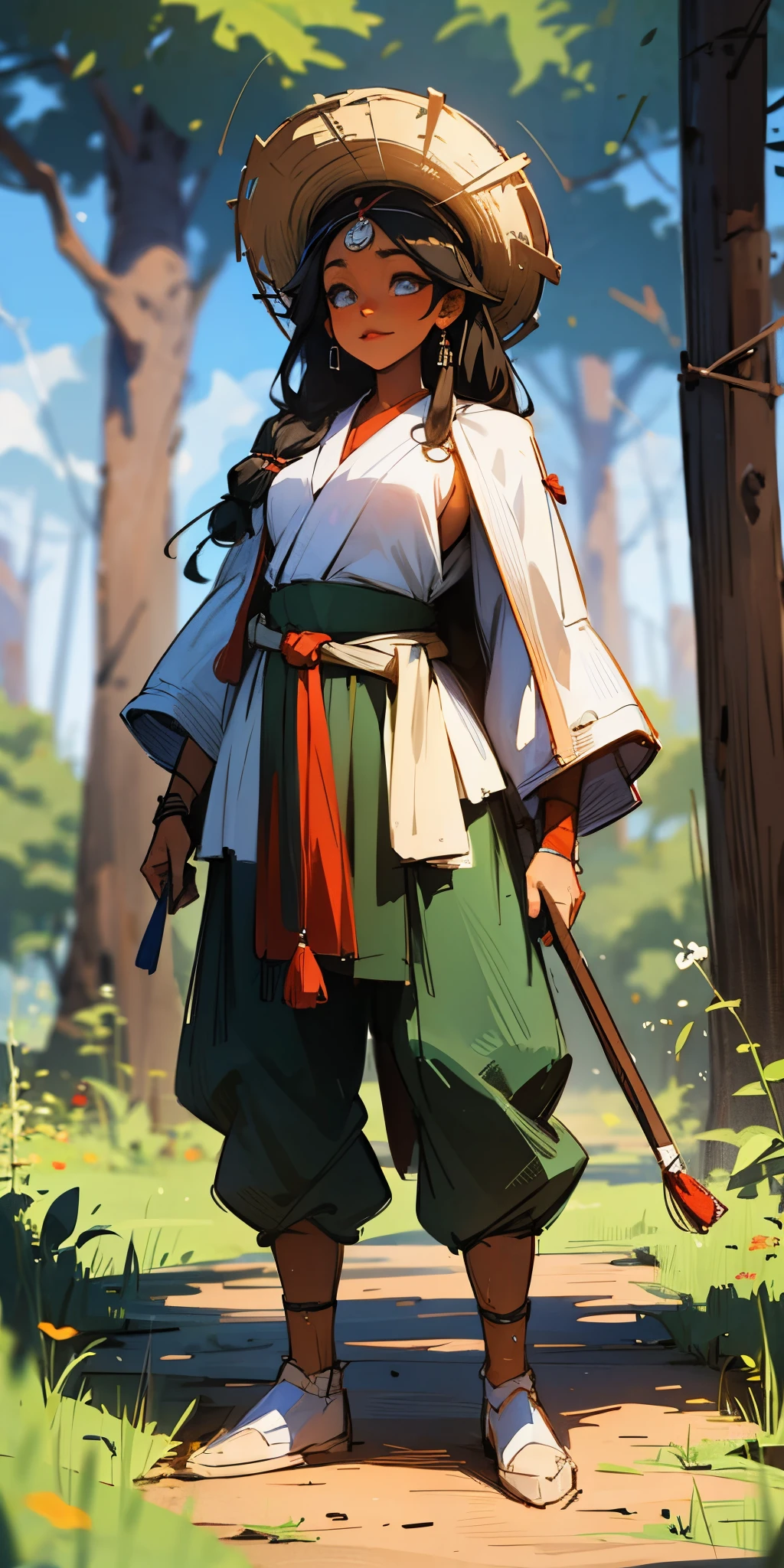 african warrior girl, , very old clothes, anime style, full body, in the forest (( black skin)) --auto --s2