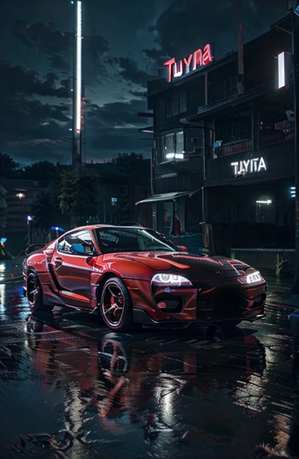 Car (Toyota Supra MK 5), township, red neon, HD quality, perfect angle