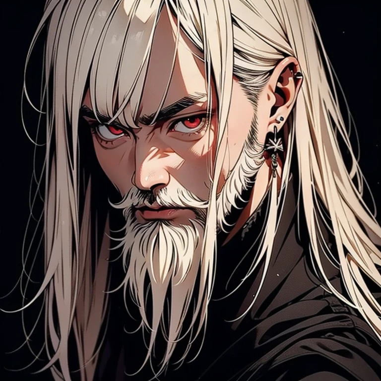 An white haired asian male with tanned skin,(the same person , 26 years old, trimmed beard with long white hair and red eyes, wearing black robe), forest background, vagabond art style, kentaro miura art style, eye level angle, ( full body), detailed lighting and shadows, detailed, masterpiece,4k, good image, perfect face, good anatomy, angry expression.