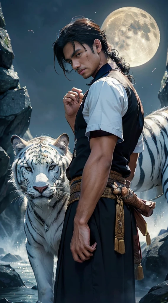 (masterpiece:1.2), (illustration), (best quality:1.2), (best aethetic:1.1), (beautiful art:1.2), (ultra-detailed:1.2), (8k), (HDR), (cinematic lighting), (wallpaper), (sharp focus), (intricate), (eyes very detail) man in meditation, javanese, 170cm tall, black hair colours, little long hair, angry expression, glowing pupils eyes, wearing white vest batik art style, white energy all around his body, energy white tiger, background cave at night with little lighting from moon, horror