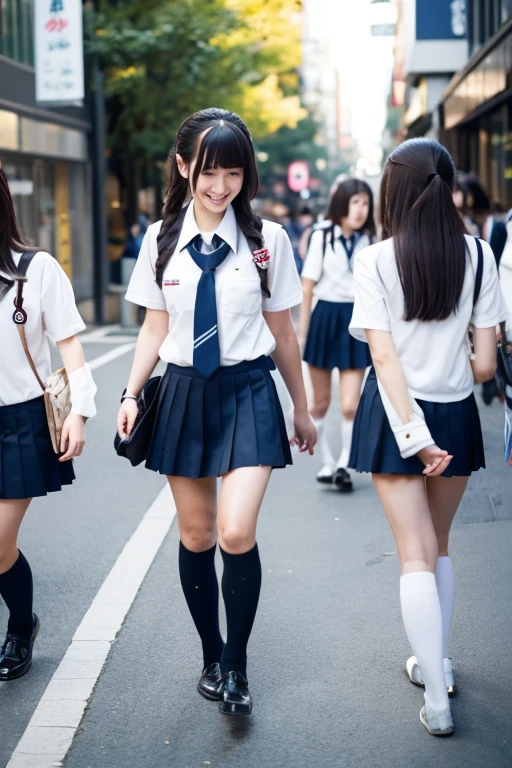 group of japanese girls in uniforms with short skirts walking through the city