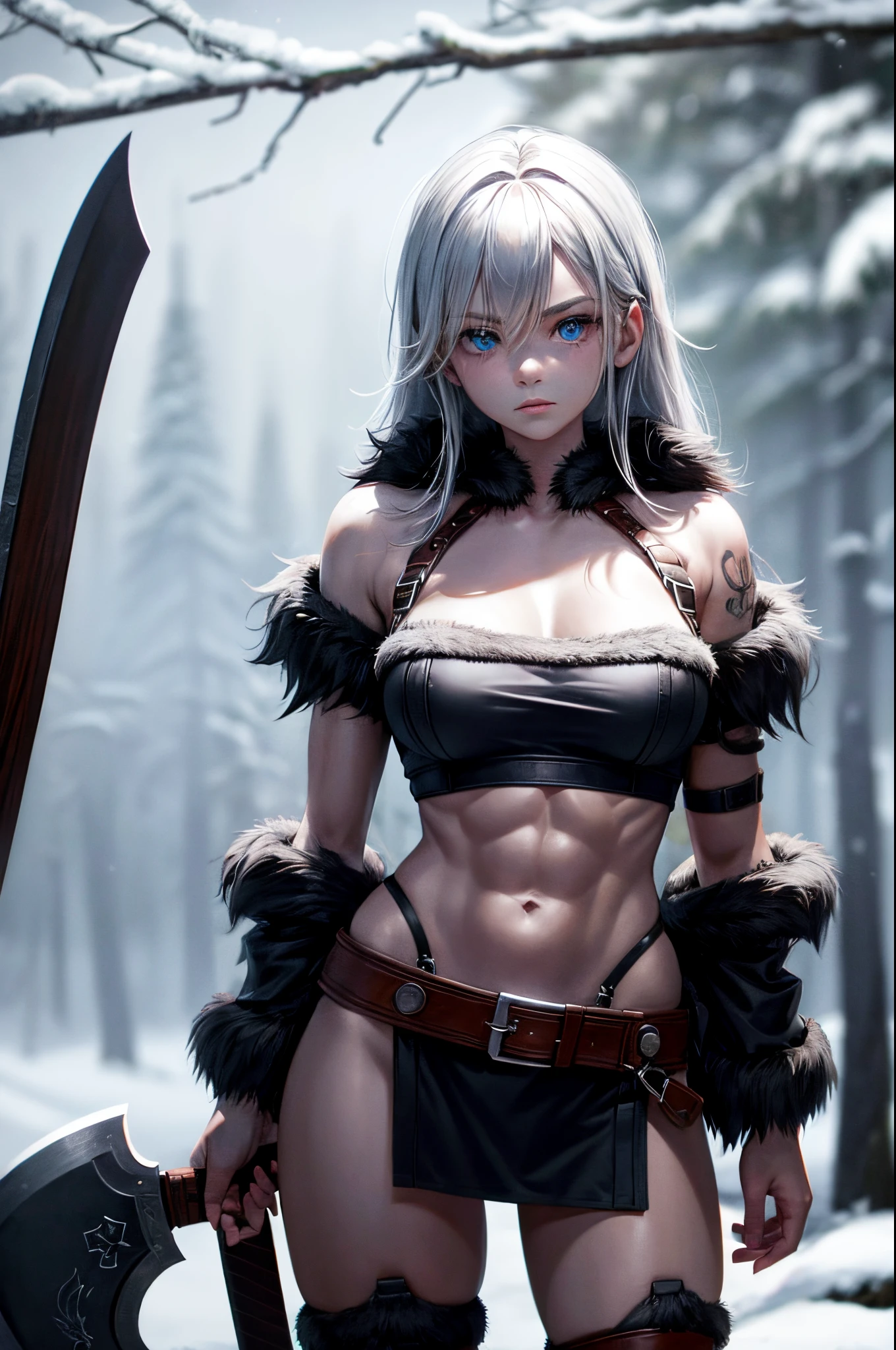 Female viking, (young:1.2), fit, attractive, cute, serious, large breasts, symetrical face, wearing brown furs, (hidelue norse tattoos:1.2), big blue eyes, platinum blonde hair. Setting is a Scandinavian forest in winter, bare arms, exposed naval, (abs:1.2), Highly detailed, HDR, ultra detailed, highest quality, 8k, norse, berserker, leg muscles, leather straps, holding war axe in hand