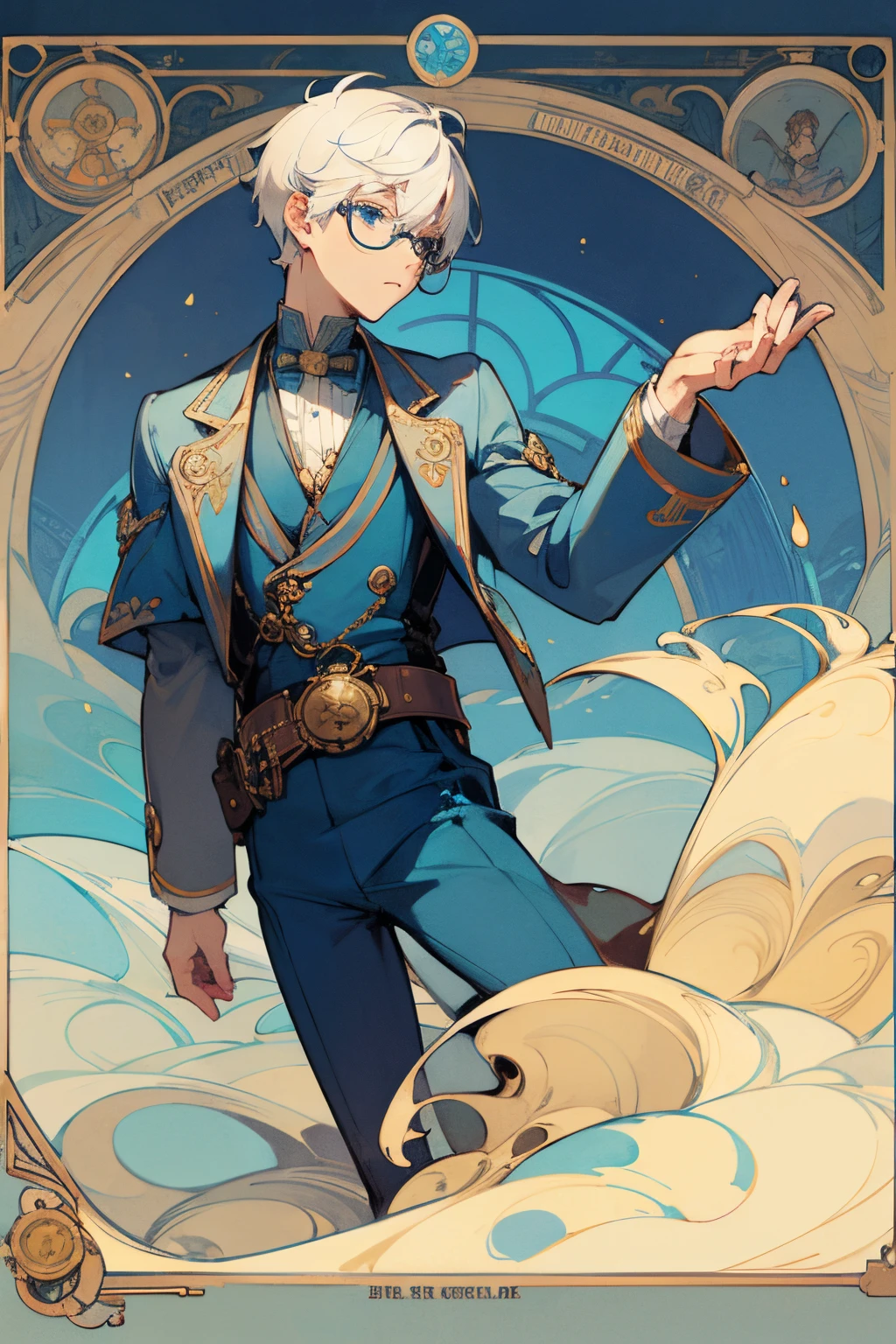 art nouveau, male, white short hair, blue eyes, steampunk outfit, water floating, glasses, deep blue and gold palette