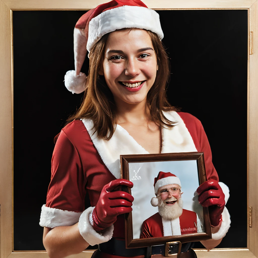 Jolly Smiling Santa Clause holding a photo frame Infront of his chest, wearing gloves, not covering his face. Ultra HD, highly detailed