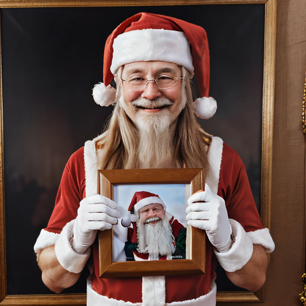 Jolly Smiling Santa Clause holding a photo frame Infront of his chest, wearing gloves, not covering his face. Ultra HD, highly detailed