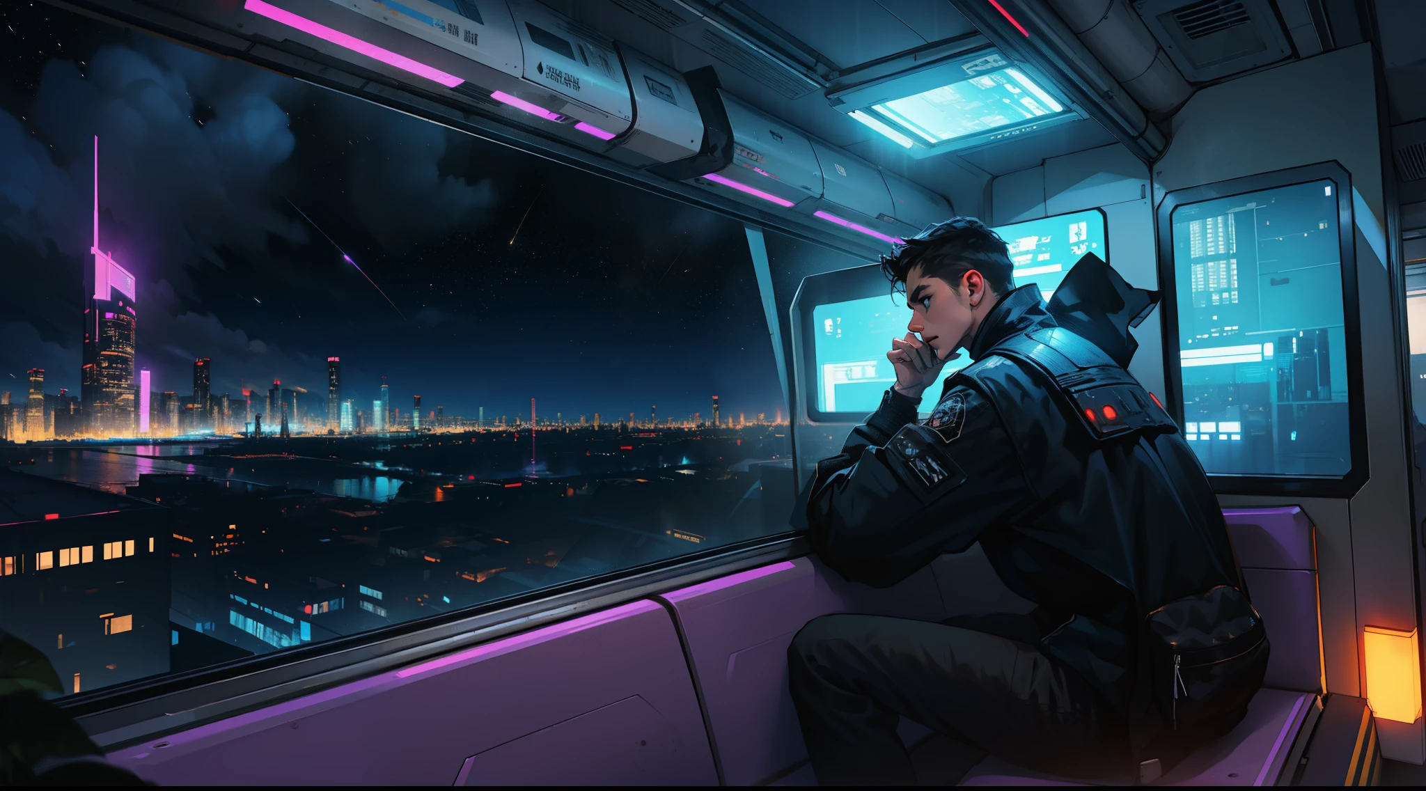 The Train of the Future, ciberpunk, beautiful night landscape of the cyberpunk city, high buildings, Blue Light, Sitting by the window, spacious train, handsome guy sitting alone, Pensive poses, Look at the stars, glued to glass, scenery, I'I'I'I'I'I'I'I'I'm running at high speed, Night trip, Beautiful dark sky, Handsome guy, Cyberpunk clothes, Short Hair Hair, big plan