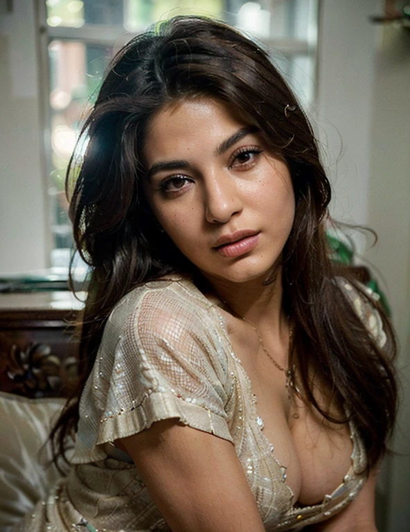 (Best quality, Ultra-detailed, Masterpiece:1.5), Photorealistic photograph of a beautiful pakistani woman at a scenic location. The woman should have a flawless, highly detailed face (Highly Detailed Skin) with soft, luminous skin. Her long hair should be naturally brown and stylishly arranged. (Perfect Eyes:1.2). The photography should feature high-quality film grain (ISO 400, 30mm lens RAW f1.8 aperture. The sun shines brightly on her face