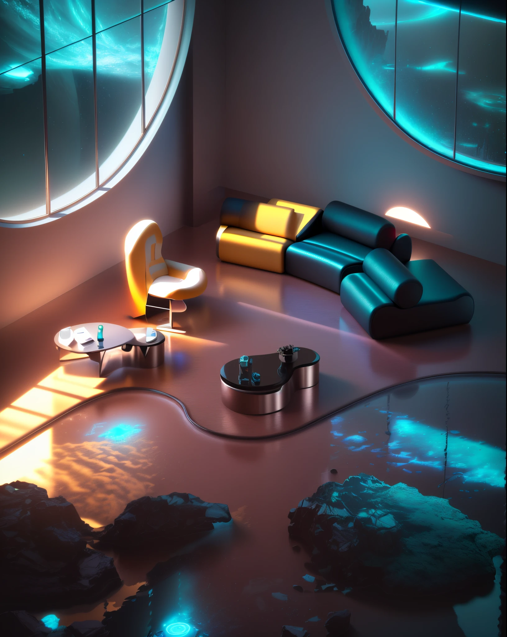 The floor room has a sofa and a table, surreal sci fi set design, futuristic setting, A futuristic living room, Surreal 3D rendering, Surreal design, futuristic decor, retro futuristic apartment, futuristic furniture, futuristic decor, futuristic architecture concept, smooth utopian design,composition and futuristic, 3D rendering style, Future aesthetics,super detailing,future-tech,Ultra-high-definition photorealistic photos,Camera