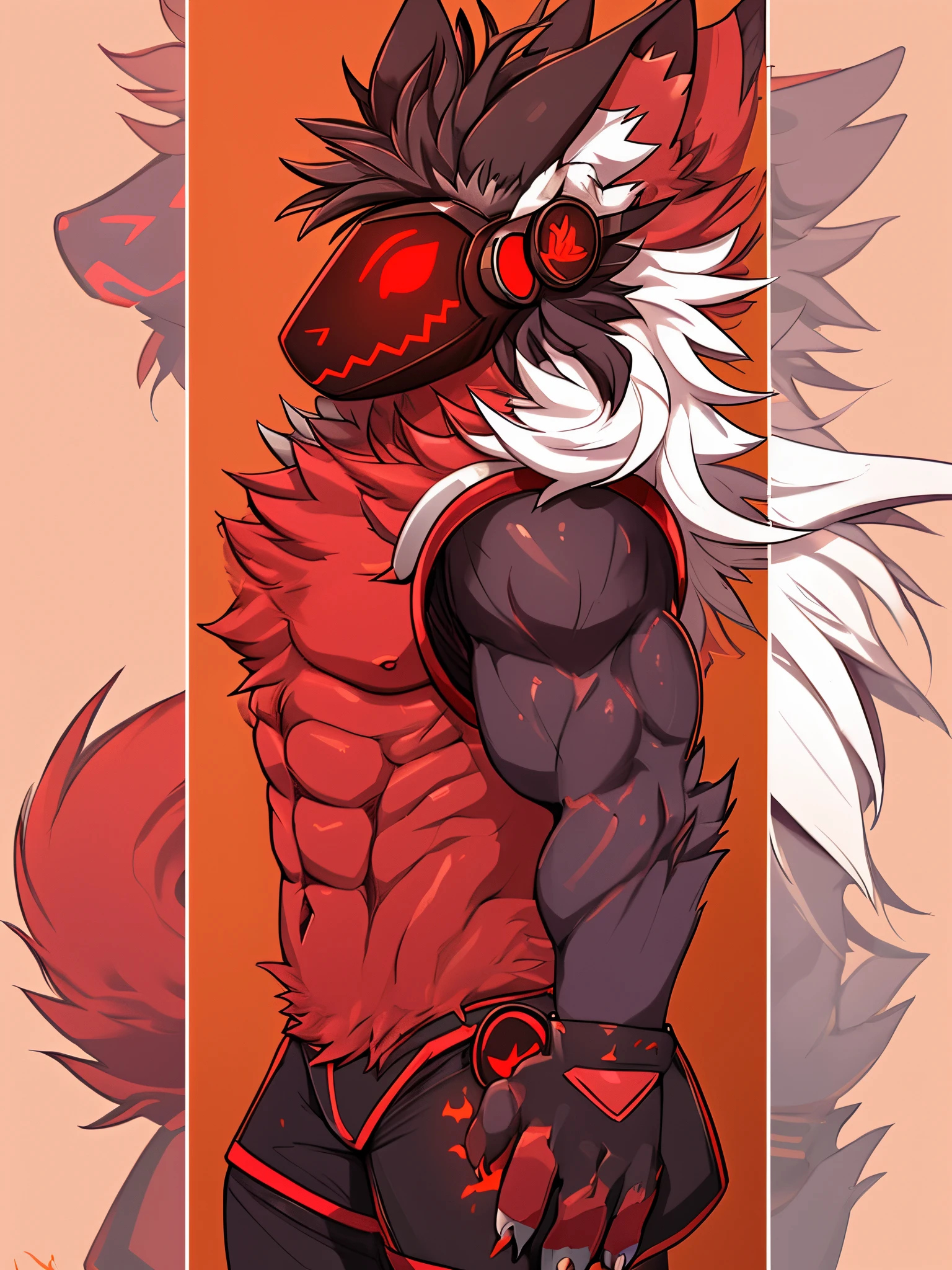 Protogen, Primagen, male, red, Red Eyes, The whole body is covered with fur, Sexy, Muscular, flame