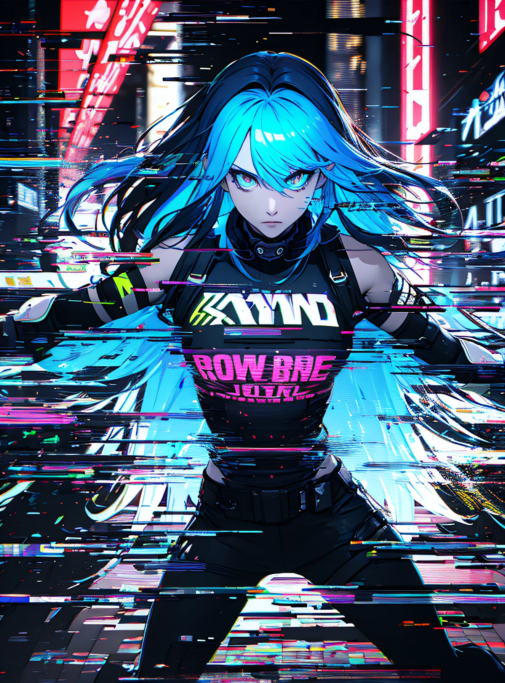 Embrace the extraordinary with a vivid, vector illustration for your t-shirt. Imagine a cyberpunk ronin swordswoman., exudando un aura dura y violenta, cortando el espacio y el tiempo, causando distorsiones fallidas. Bathed in vibrant neon lights, la escena cuenta con un realismo de alto contraste, con el punto focal en el espectador como la espada, close and dynamic, atraviesa el tejido de la realidad. This unique work of art is a visual masterpiece., listo para adornar tu camiseta con sus llamativos colores y el salvaje ambiente cyberpunk!