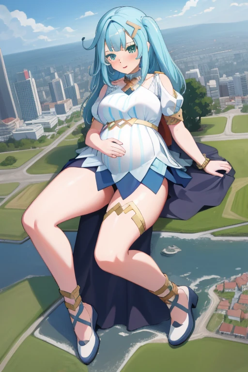 Giant maiden，Moe two-dimensional style，Pregnancy status，Round belly，Gaze at the bustling city, Looking at viewer, Blush, Sassy, Lying down, Full body