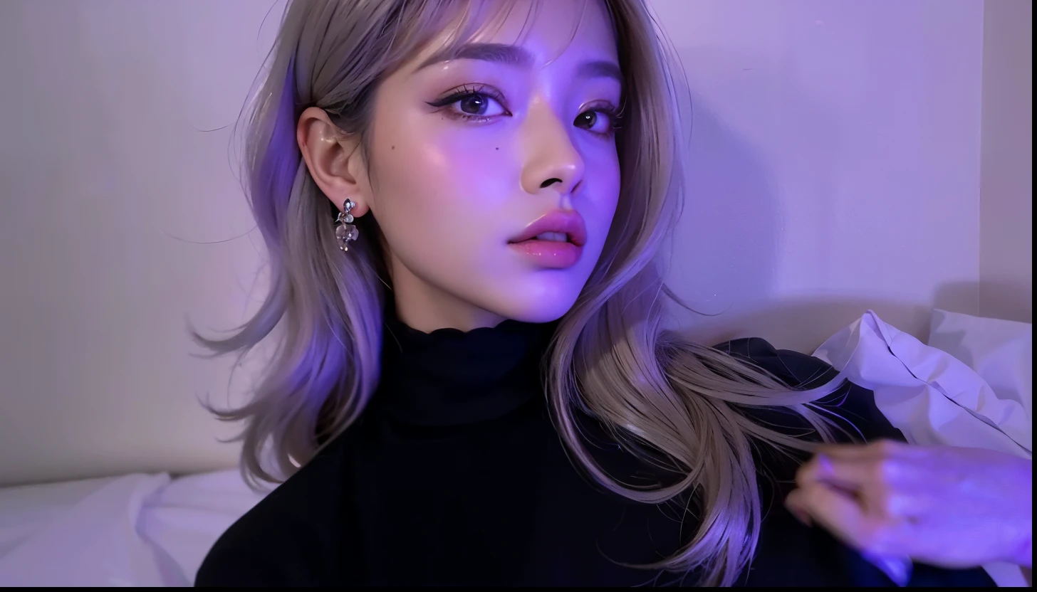 um close up de uma mulher com cabelos longos e um top preto, linda Delphine, her face looks like an orchid, Retrato de roseanne park, Jennie kim, rosto sexy com maquiagem completa, com olhos roxos brilhantes, imagem de qualidade muito baixa, sexy look at the camera, com franja, Fotografia selfie 8k, 19-year-old girl