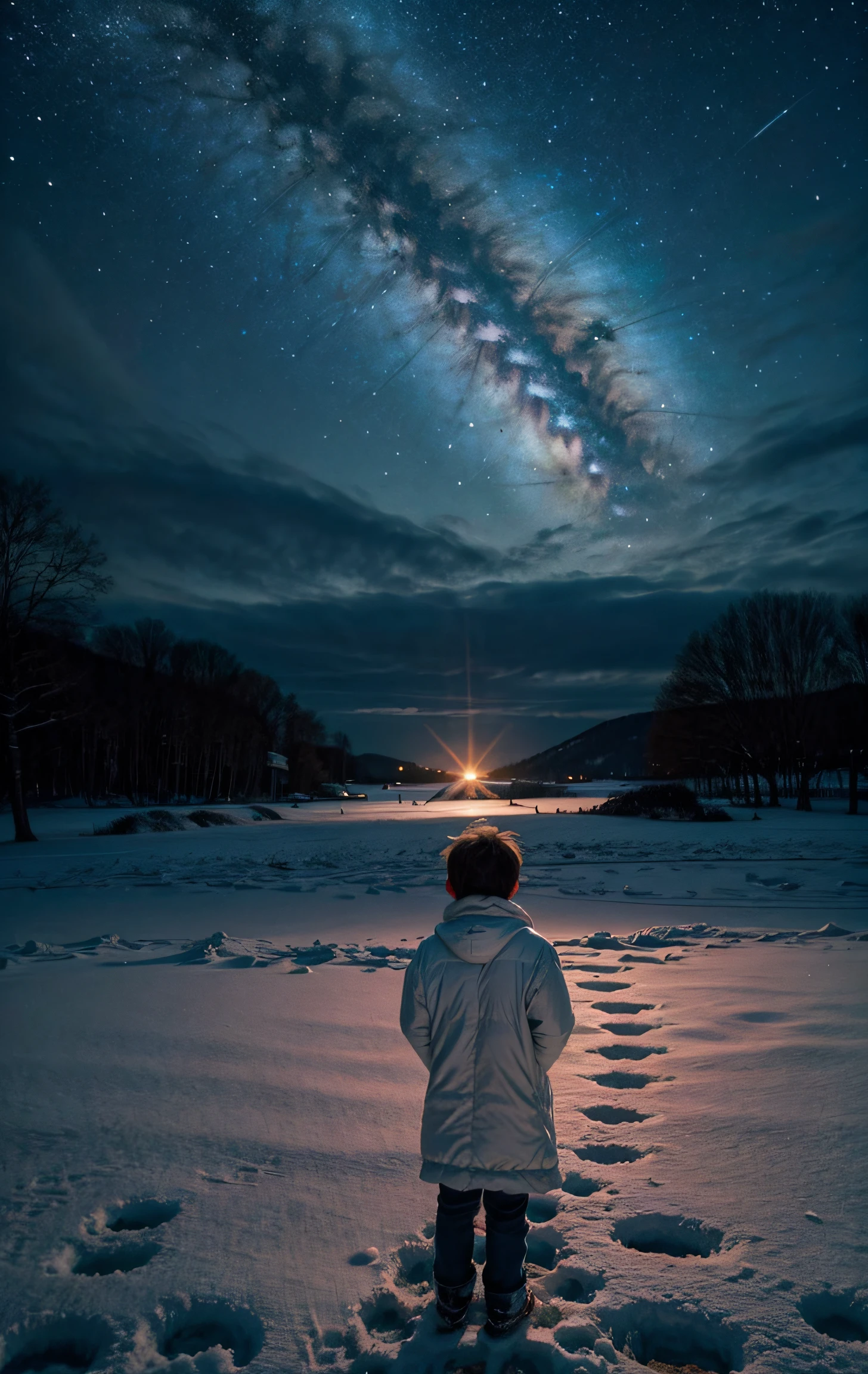 Enter a world of wonder and ethereal beauty, A place where reality and dreams intertwine. Imagine the breathtaking scene - the majesty of winter snow, sparkling on fluffy clouds. At the front desk, A little boy stood, His silhouette contrasts with the celestial panorama. During the day,winter day,Pink nebula depicts boy looking up at winter sky, The dazzling sunshine in winter ,white scene,light blue sky winter sunshine,capture his sense of awe. Explore the emotions evoked by the scene - a wonderful mixture, curiosity, And the bright sunshine and thick snow in winter. Consider what this moment means to the boy - whether he is contemplating his place in a winter wonderland, seek comfort or inspiration, Or maybe embark on your own journey to paradise? Break up a brief narrative or evoke a sense of atmosphere, Use evocative language to emphasize the surreal and otherworldly nature of the scene. Exploring the interplay between the tangible and the intangible – consider examples that incorporate sensory details, The soft touch of clouds, Music from far away heaven,Stunning view of winter snow landscape,winter white sky,Winter sun