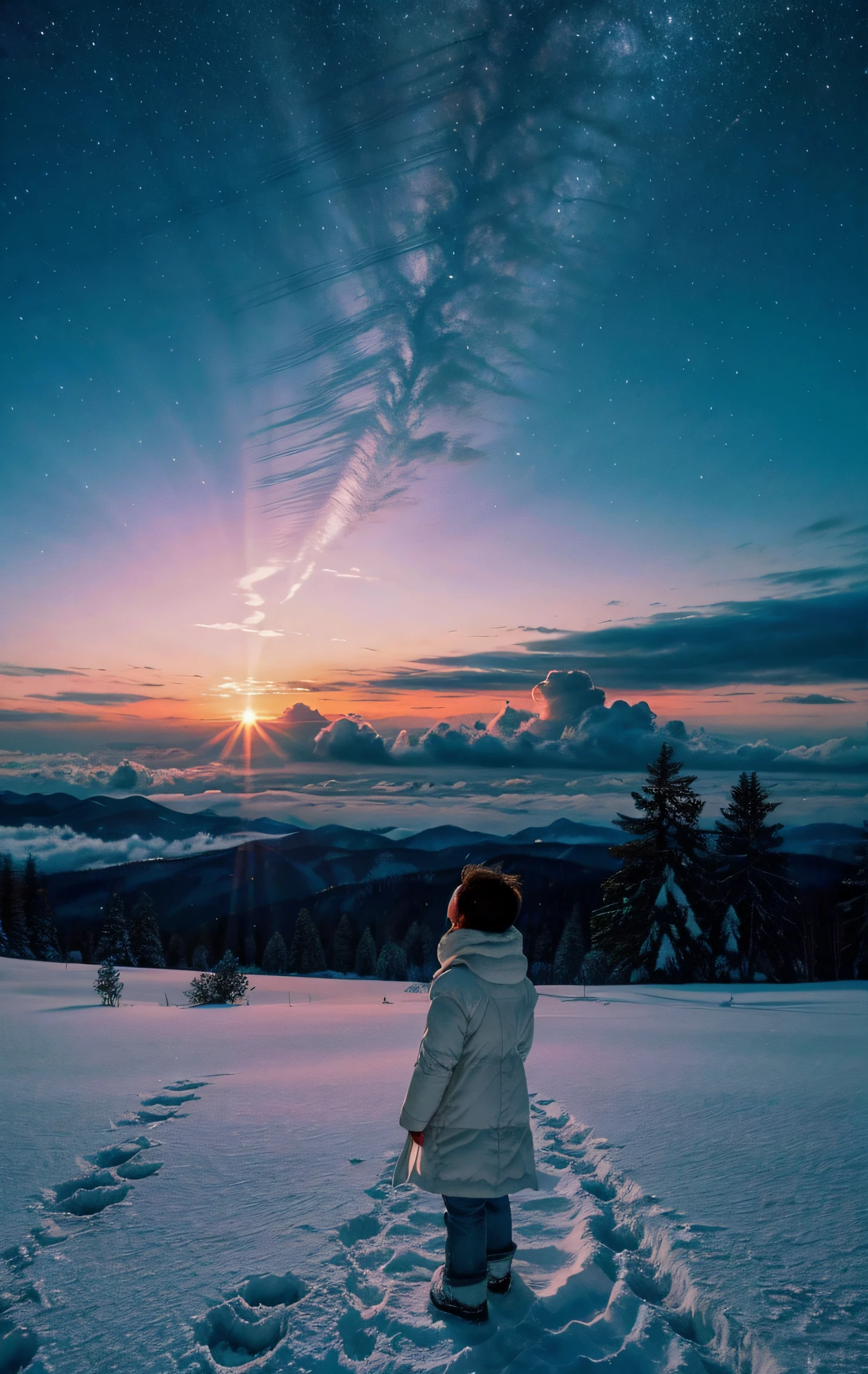 Enter a world of wonder and ethereal beauty, A place where reality and dreams intertwine. Imagine that breathtaking scene - the majesty of winter snow, sparkling on fluffy clouds. At the front desk, A little boy stood, His silhouette contrasts with the celestial panorama. In the daytime，winter day，Pink nebula depicts boy looking up at winter sky, The dazzling sunshine in winter ，white scene，light blue sky winter sunshine，capture his sense of awe. Explore the emotions evoked by the scene - a wonderful mix, curiosity, And the bright sunshine and thick snow in winter. Consider what this moment means to the boy - whether he is contemplating his place in a winter wonderland, seek comfort or inspiration, Or maybe embark on your own trip to paradise? Break up a brief narrative or evoke a sense of atmosphere, Use evocative language to emphasize the surreal and otherworldly nature of the scene. Exploring the interplay between the tangible and the intangible – consider examples that incorporate sensory details, The soft touch of clouds, Music from a distant paradise，Stunning view of winter snow landscape，winter white sky，Winter sun