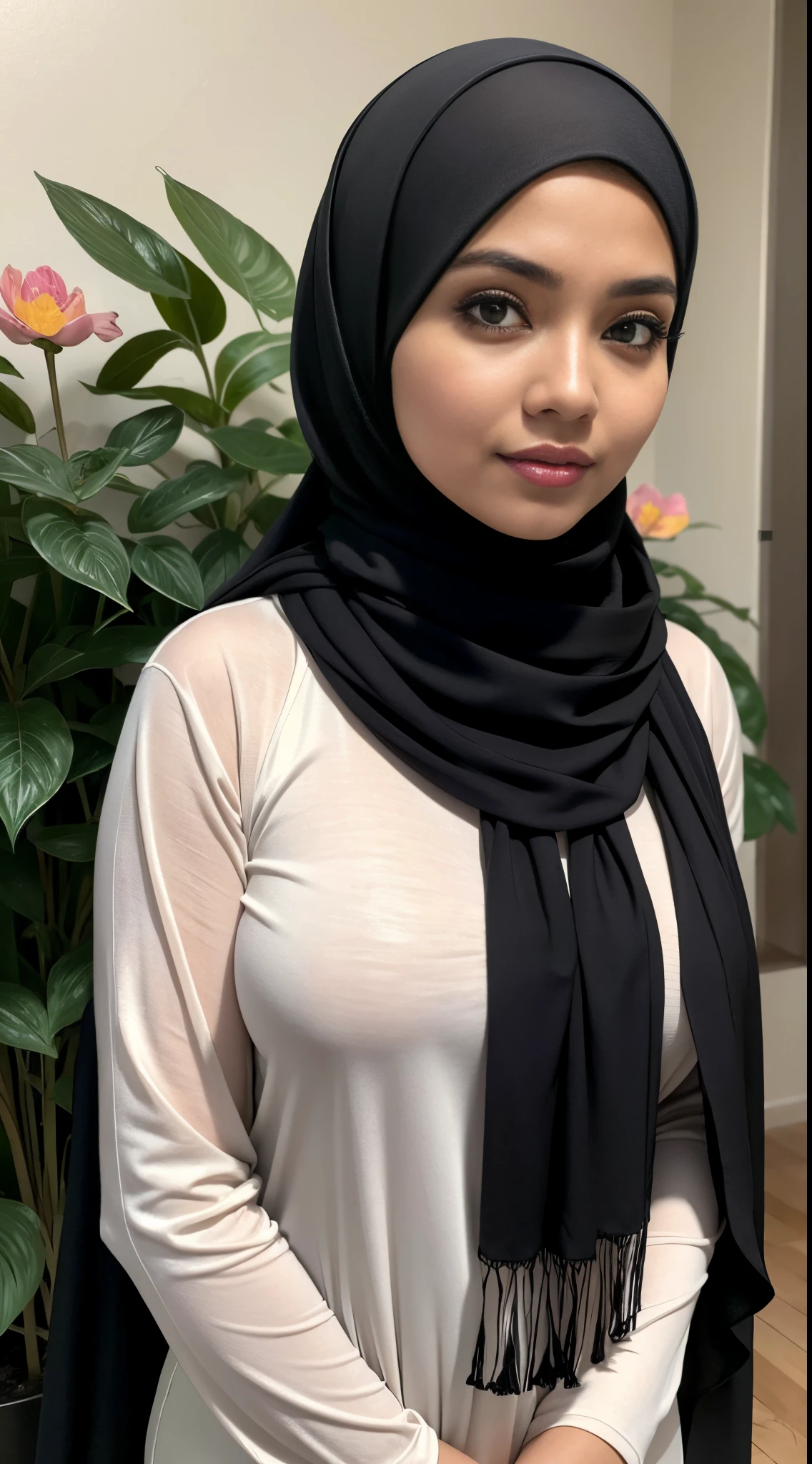 RAW, Best quality, high resolution, masterpiece: 1.3), beautiful Malay woman in hijab,Masterpiece, perfect fit body, Huge breast, big orgeous eyes, Soft smile,woman in black hijab standing next to a flower plant, hijab, with black, shawl, wearing black modern clothes, faridah malik, black scarf, wrapped in a black scarf ,Delicate turtleneck, necklace, shairband, afternoon walk, City garden, Excellent lighting, Bright colors, Clean lines