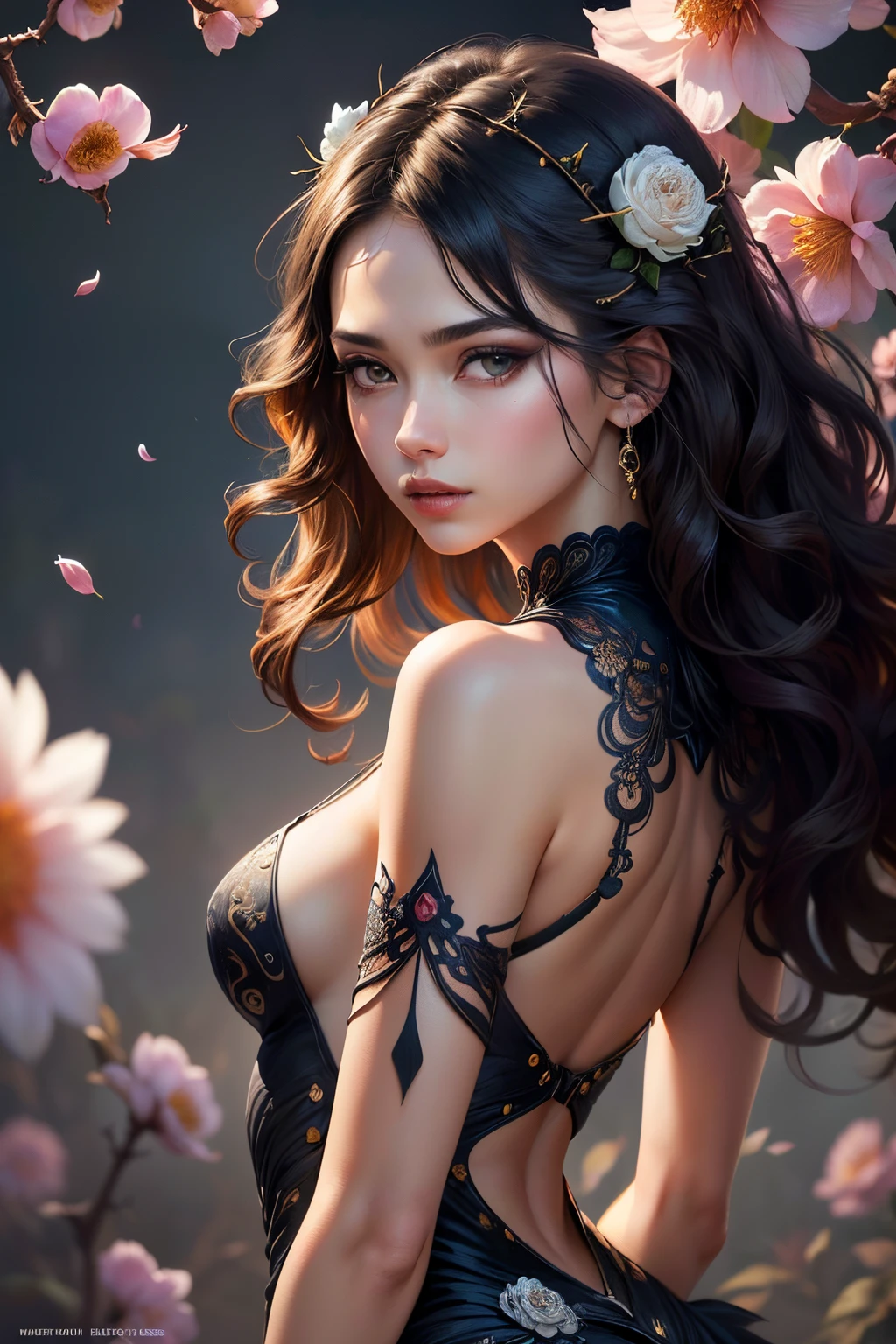 Official Art, Unity 8k Wallpaper, Ultra Detailed, Beautiful and Aesthetic, Masterpiece, Top Quality, (Photorealistic:1.4), (Zentangle, Mandala, Entanglement, Entanglement), (Flower Ecstasy:1.2), (Fractal Art:1.3), (Very many small flowers on the girl's head), 1girl, Black eyes, Detailed black hair, Hair with light, Upper body, Wrapped in thorns, Blossoming in thorns, Extreme detail, Dynamic angles, Cowboy shot, The most beautiful form Chaos, Elegance, Brutal design, vivid colors, surreal romanticism, several petals in the hair, whirlwind, (looking back at the viewer), strong tonal makeup, extremely realistic face, detailed face, detailed nose, very detailed lips, intricate clothes, intricate background, wavy hair, fluttering hem, fashion magazine style, no extra arms, no more than 2arms,
