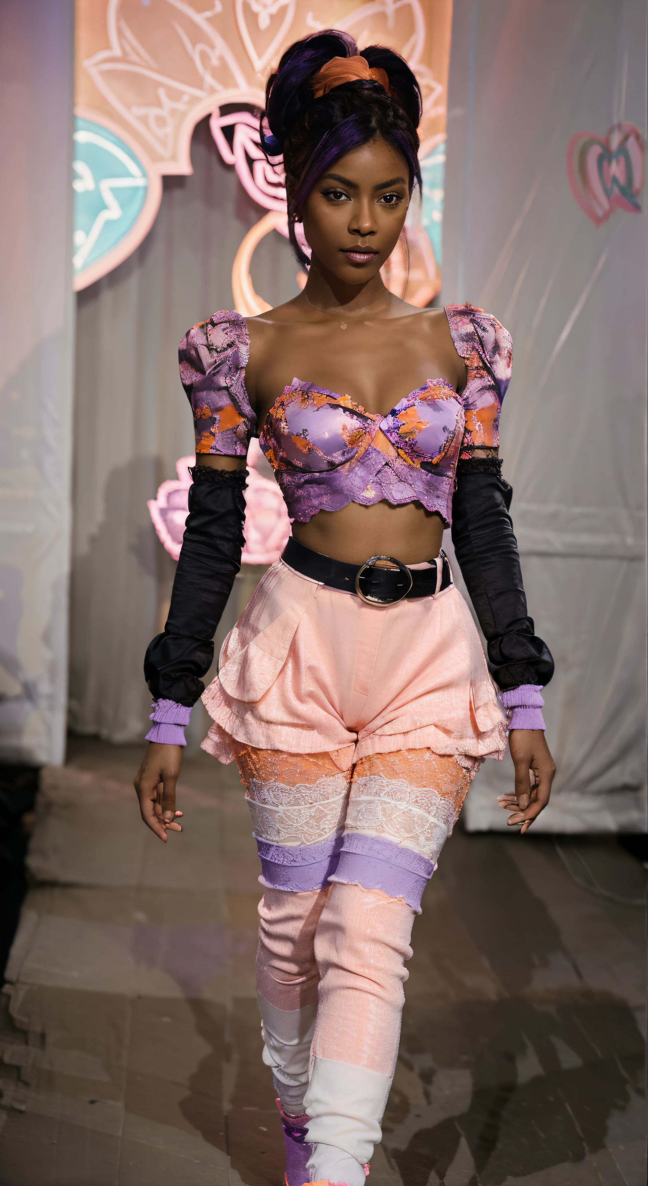 Black female. portrait painting of a beautiful fashionista posing on a runway on a fashion show, lilac orange blue cream and fuchsia bright vivid gradient colors, gorgeous face, edgy hair, shirt with puff sleeves and black lace, belted high waist pants, cute lace socks,