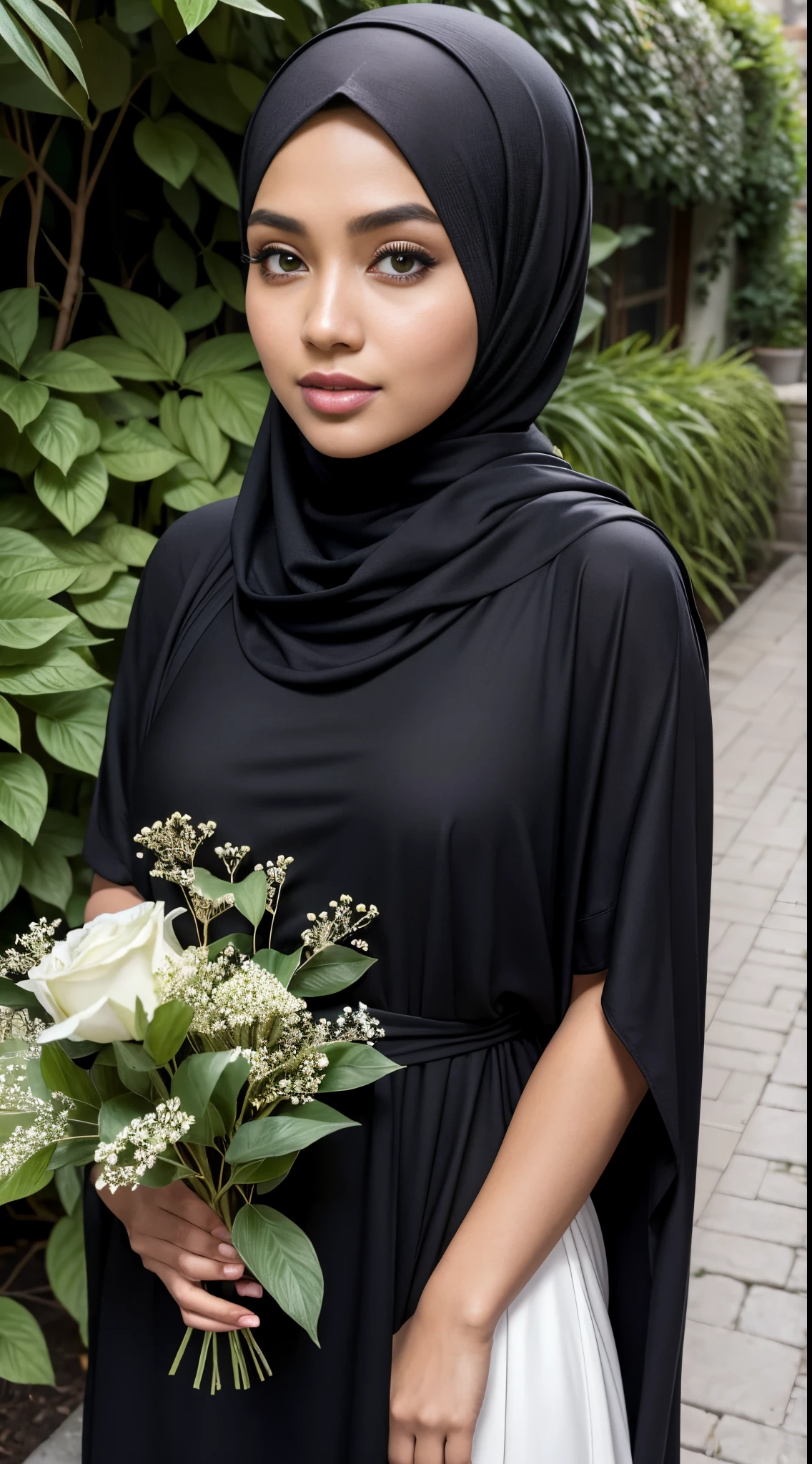 (Close Up),RAW, Best quality, high resolution, masterpiece: 1.3), beautiful Malay woman in hijab,Masterpiece, perfect slim fit body,small breast, big gorgeous eyes, Soft smile,beautiful face,thick thighs, woman in a black dress and a hat standing on garden flower, wearing tight simple clothes, skinny waist and thick hips, captivating and enticing, women full body, hijab, intriguing outfit, black outfit, attractive and beautiful, beautiful and graceful, with beautiful exotic, wrapped in a black scarf, with black, dressed with long fluent clothes, very attractive and beautiful, Excellent lighting, Bright colors, Clean lines