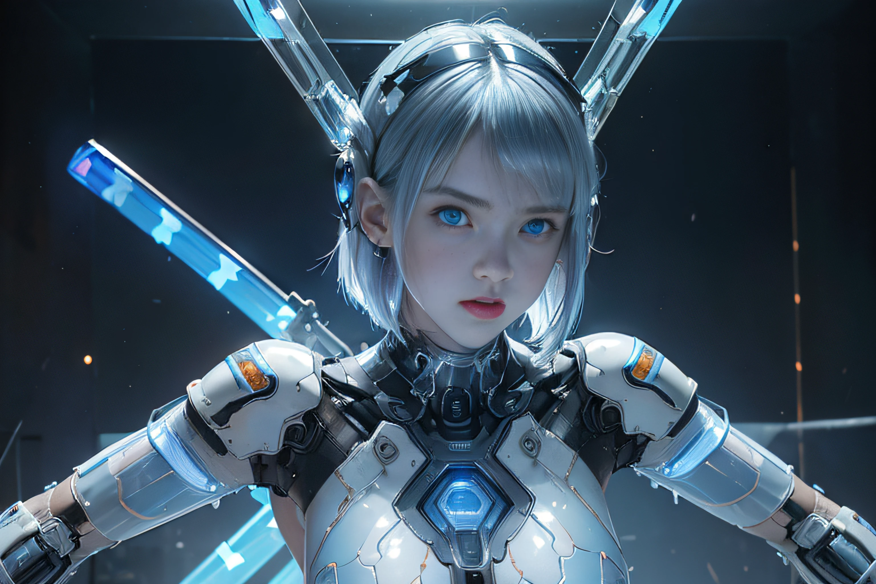 1girl in, 14years, Textured skin, Portrait photos, Super Detail, high details, High quality, Best Quality, hight resolution, 1080p, hard disk, Beautiful,(Gundam),beautiful cyborg woman,((She is naked、Wearing Futuristic Transparent Reinforced Plastic Machine Parts:1.4)), Bust top covered with transparent mecha, (Farbe々Bust on which information is projected:1.4), (Crotch protected by clear plastic), Most of the raw skin is exposed, Almost naked, (pubick hair), perfectly proportions, (Colossal tits), (He carries a lot of weapons on his back:1.4), (Bold Hero Pose), (Light Blue Shortcut Straight Hair:1.4), headset on head, Background of collapsed buildings, A town engulfed in raging flames, (The blue LED on the bust top glows strongly:1.4),