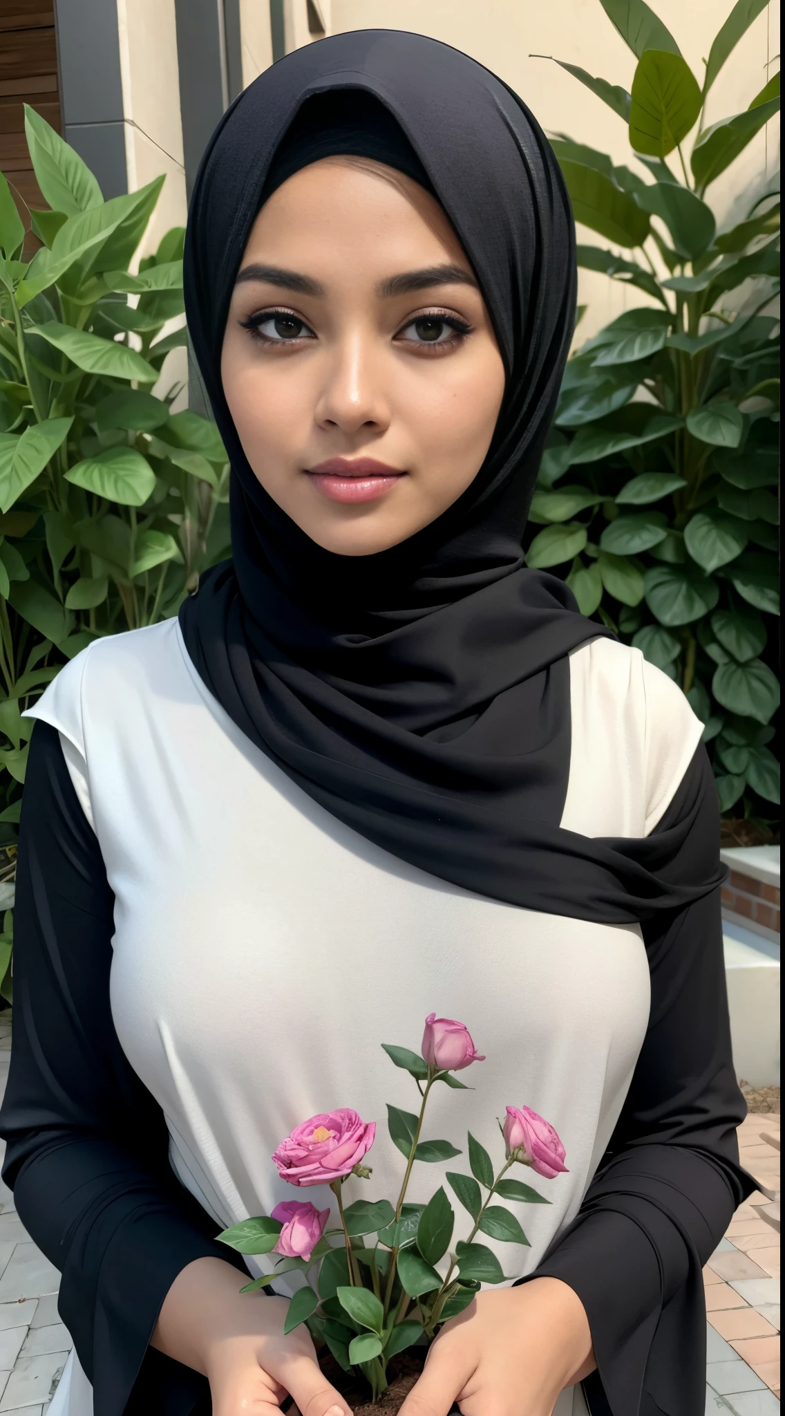 RAW, Best quality, high resolution, masterpiece: 1.3), beautiful Malay woman in hijab,Masterpiece, perfect fit body, Huge breast, big orgeous eyes, Soft smile,woman in black hijab standing next to a flower plant, hijab, with black, shawl, wearing black modern clothes, faridah malik, black scarf, wrapped in a black scarf ,Delicate turtleneck, necklace, shairband, afternoon walk, City garden, Excellent lighting, Bright colors, Clean lines
