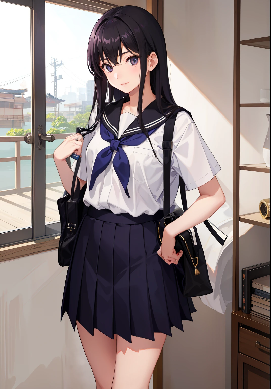 1girl in、As-、A smile、The shirt、skirt by the、Light in the eyes、（highlight in eyes）、（small tits）Chilarism、Japan High School Student Uniform、serafuku、summer clothing、（Portrait from the knee up）、