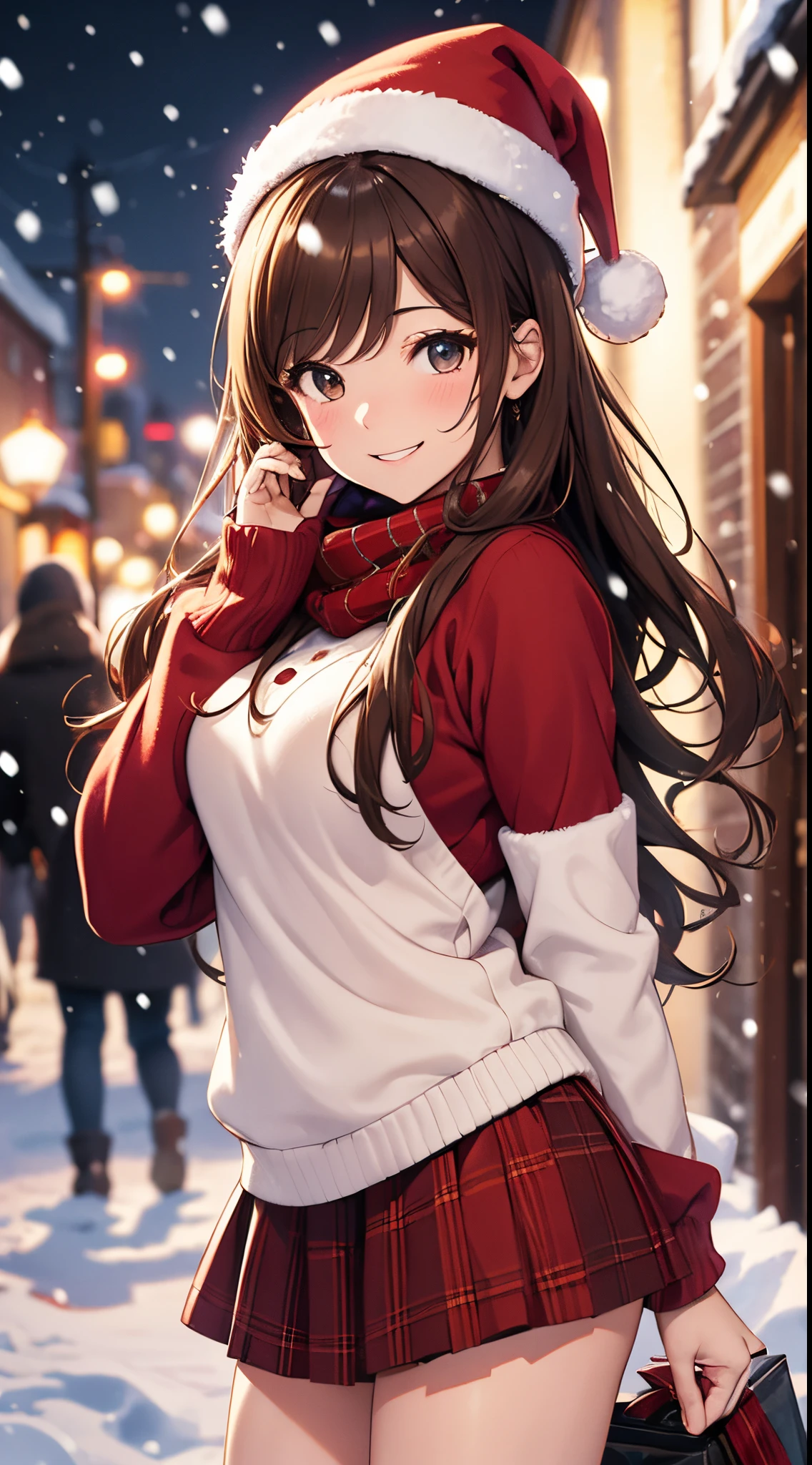 (masterpiece), (best quality), girl standing outside in the snow, wavy brown hair, red sweater, plaid skirt, santa claus hat, smiling, sexy, perfect body, christmas lights, night, (snowing: 1.25)