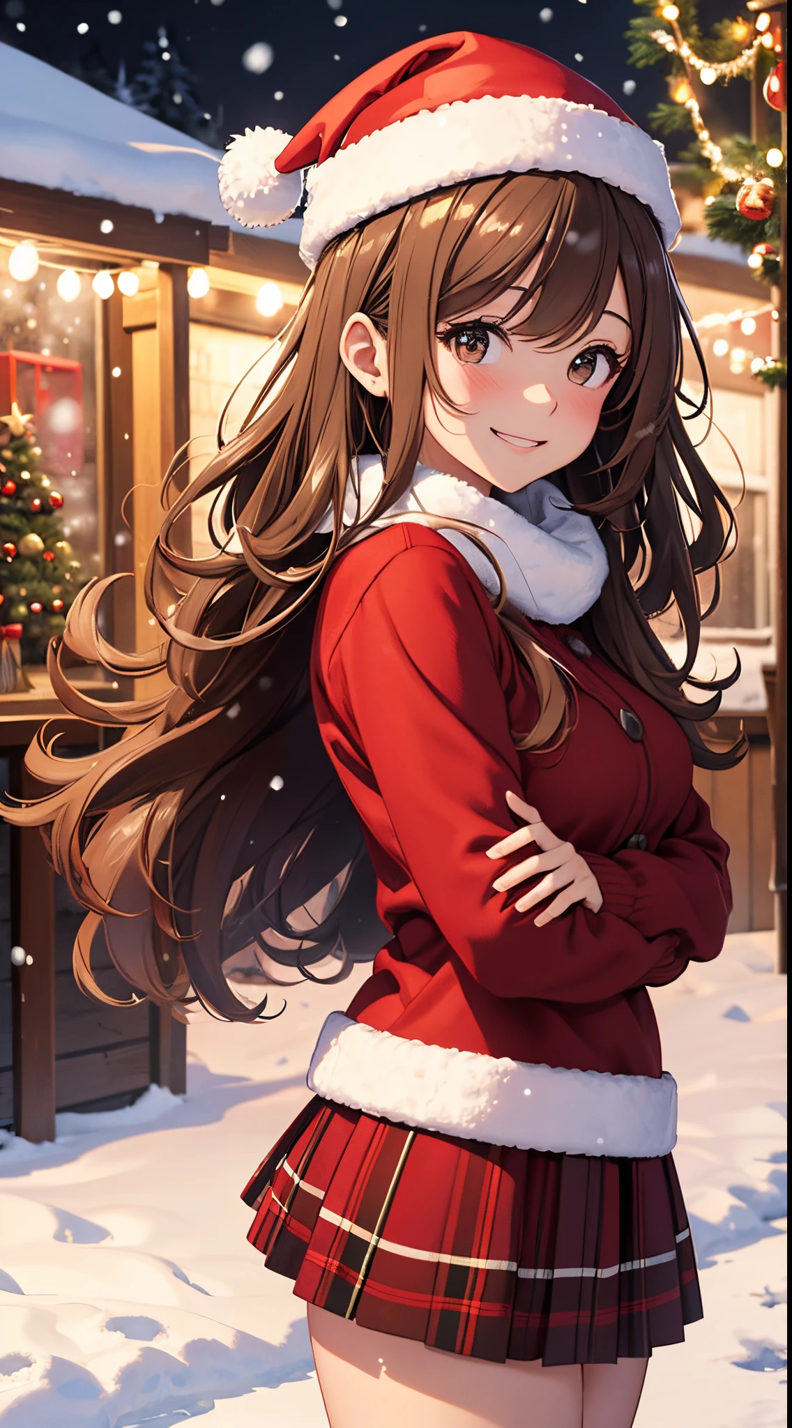 (masterpiece), (best quality), girl standing outside in the snow, wavy brown hair, red sweater, plaid skirt, santa claus hat, smiling, sexy, perfect body, christmas lights, night, (snowing: 1.25)