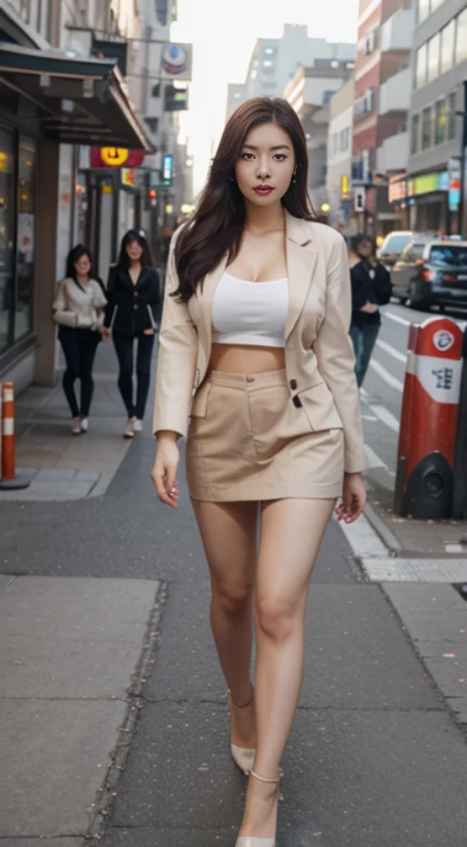 full body portrait of korean woman, beautiful, professional, casual clothing, beautiful busty female, professional pose, slim body, heavy eye makeup, walking in city, professional headshot