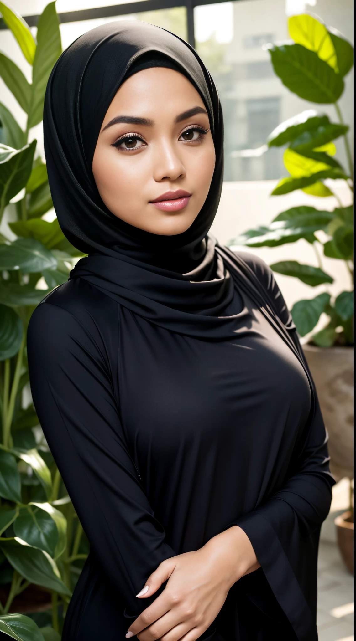RAW, Best quality, high resolution, masterpiece: 1.3), beautiful Malay woman in hijab,Masterpiece, perfect fit body, Huge breast, big orgeous eyes, Soft smile,woman in black hijab standing next to a flower plant, hijab, with black, shawl, wearing black modern clothes, faridah malik, black scarf, wrapped in a black scarf ,Delicate turtleneck, necklace, shairband, afternoon walk, City garden, Excellent lighting, Bright colors, Clean lines