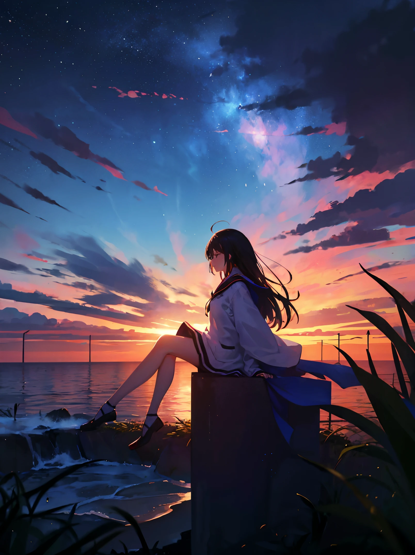 girl with, blows wind,Fluttering hair,gust of wind, Colorful, , masterpiece, Sit up, From Side, From Side, A smile, starrysky, stele