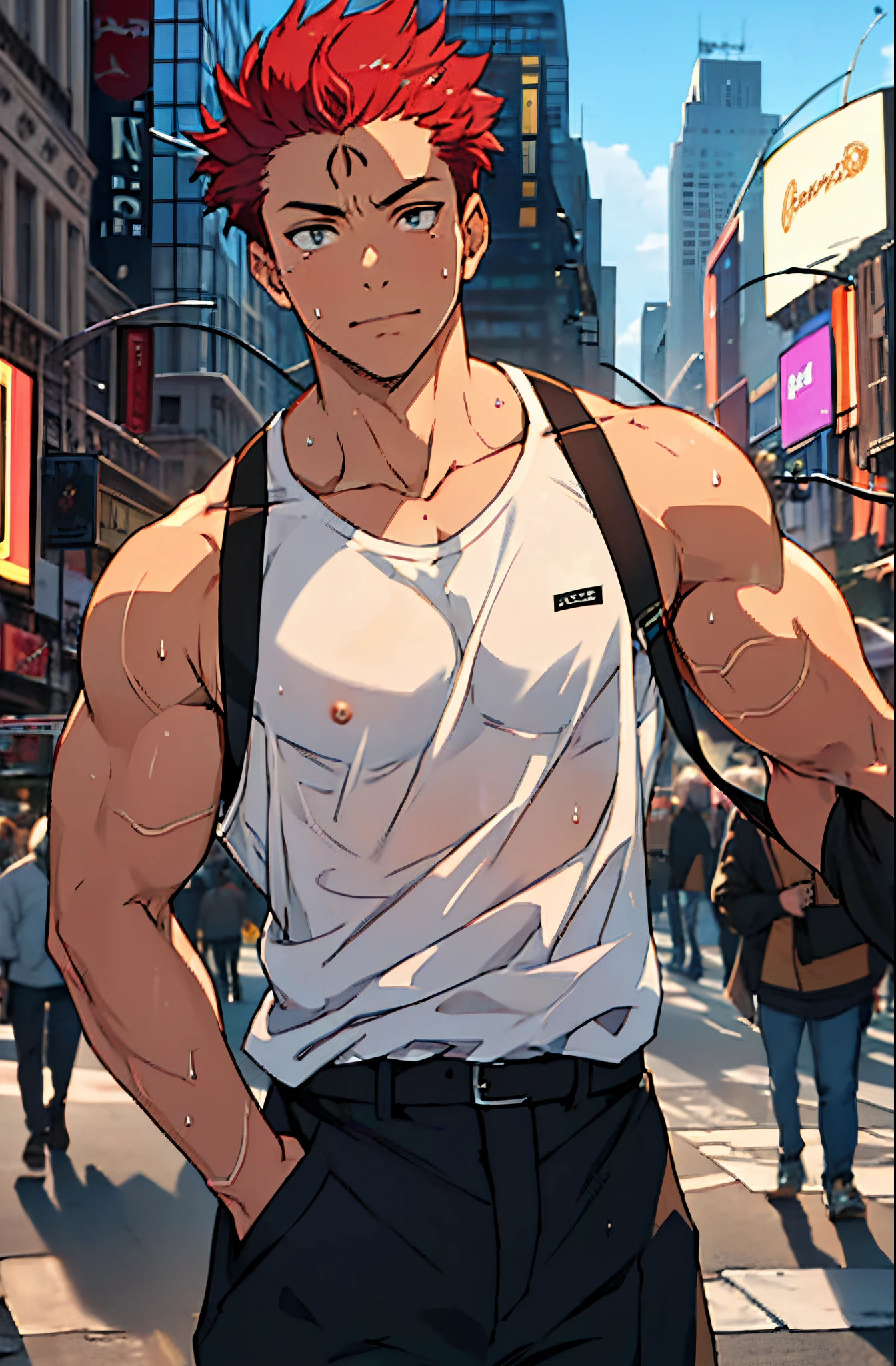 A mais alta qualidade, 8K, image high resolution, Detailed strokes, no meio de uma avenida movimentada estilo Times Square, 夏天 , muito calor, apoiado em um dos postes, adolecente, Red Hair, wearing a tank top , masculo, chest a little tight in the shirt , suado, (Angulo de Baixo), (Angulo Perto) , pernas definidas, defined arms, abdomen definido, com a camisa, sweaty shirt