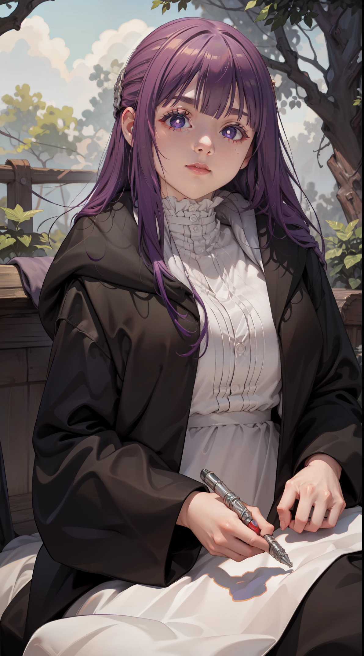 (purple hair:1.1,best quality,4k,8k,highres,masterpiece:1.2),ultra-detailed,(realistic,photorealistic,photo-realistic:1.37),Fern with vibrant purple hair sitting on a cushion in a serene garden, bathed in warm sunlight. She is surrounded by lush vegetation and colorful flowers, with delicate petals gently falling around her. Fern is wearing an elegant dress that complements her hair color, and the fabric flows gracefully around her as she sits. The digital art captures every intricate detail of Fern's vibrant hair, her expressive eyes, and her serene smile. The overall scene is rendered with vivid colors and a high level of realism, creating a mesmerizing masterpiece. The lighting accentuates the beauty of both Fern and the garden, highlighting the rich tones of the purple hair and the natural beauty of the surrounding flora. The artwork is a perfect blend of realism and artistic interpretation, showcasing the beauty of Fern and the tranquil atmosphere of the garden.