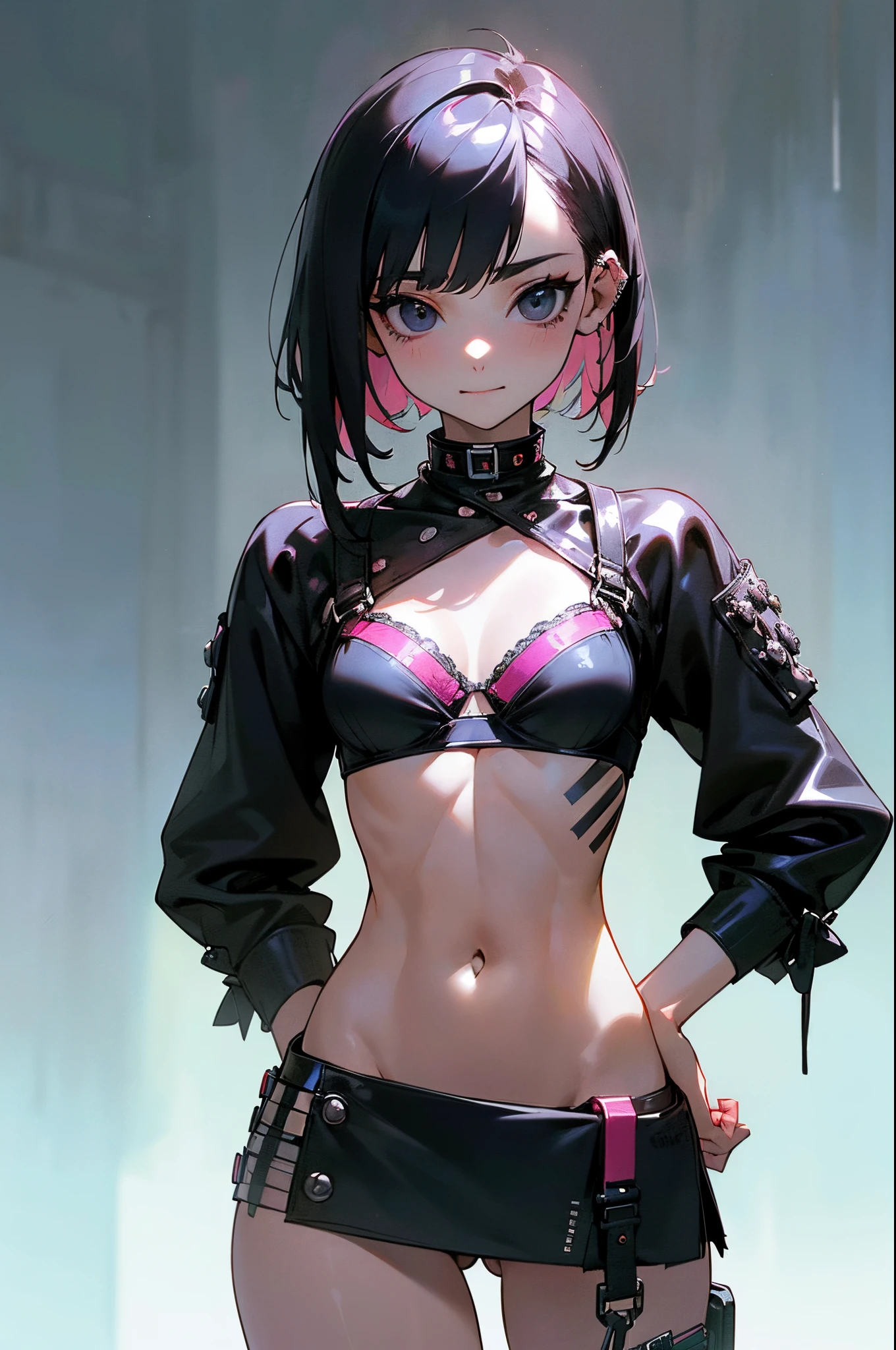 (Official art、Best Quality、Unity 8k Wallpapers、32K、 masterpiece、ultra-detailliert、High resolution,Perfect Anatomy),(natural soft light:1.2),Detailed beautiful face and eyes,best cel anime,cowboy shot,Turn your body to the viewer、Look at viewers、20-year-old beauty、japanes、(short bob hair),black hair,black eyes,smile,((smaller head:1.2,skinny:1.1,ideal ratio body proportions:1.2),tiny breast,gleaming skin,((punk fashion:1.3),Black bra、a miniskirt,Bustling street、Cyberpunk city、