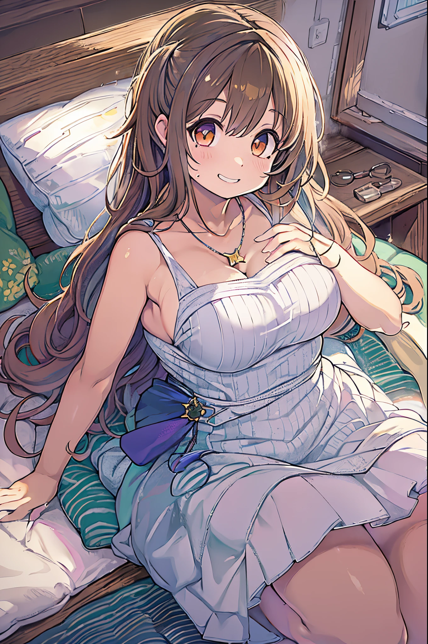 Best Quality, masutepiece, 1girl in, Solo, ferry, Long hair, Ferry Base, thighs thighs thighs thighs, Bare shoulders, Jewelry, Sleeveless, White Dress, Blue skirt, gloves, Bedrooms, bed, wood floor, Sitting, sitting on a bed, Hands on legs, subtle smile, Soft lighting, Full body, wide hips, huge-breasted、bbw