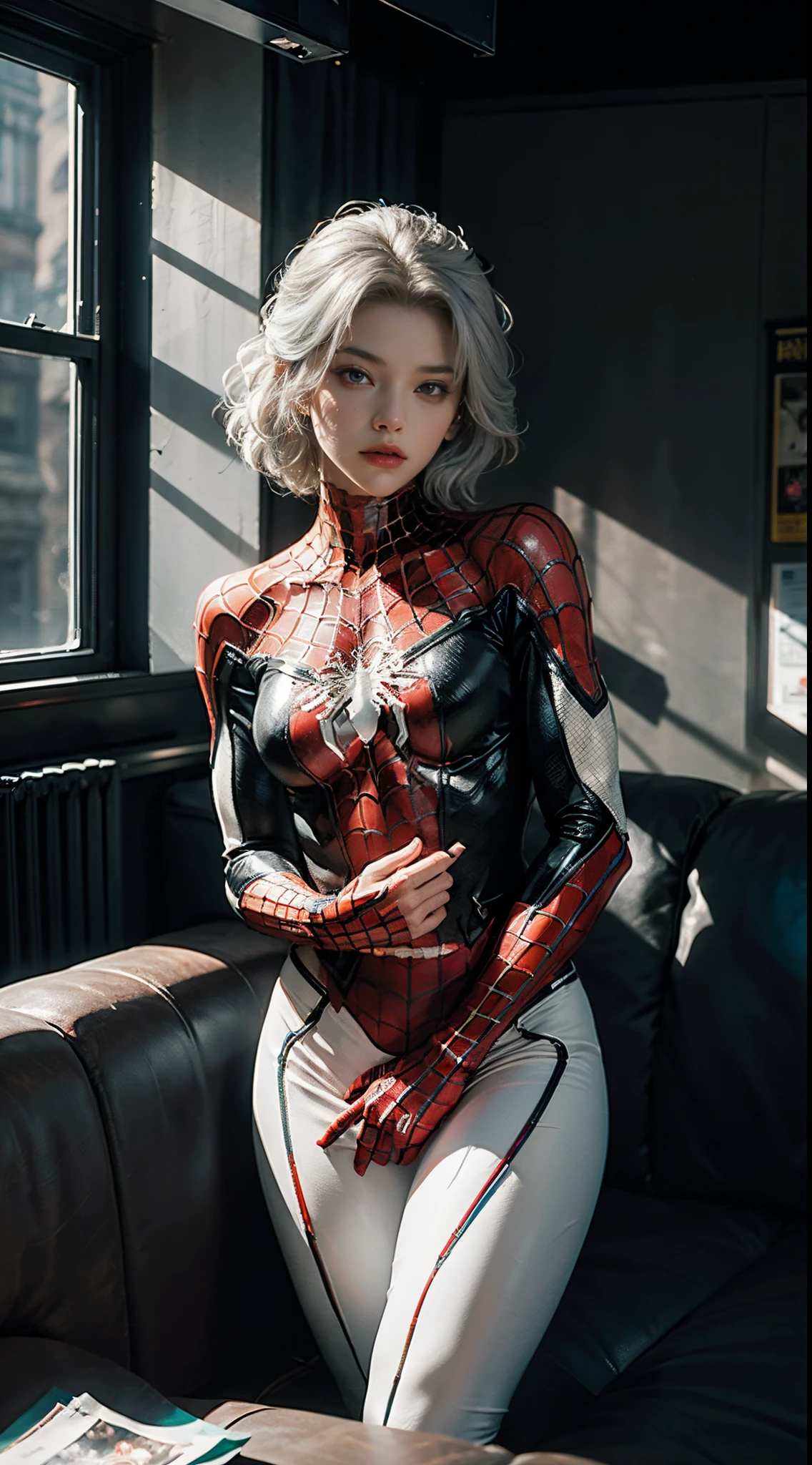 (Extreme Detail CG Unity 8K Wallpapers, tmasterpiece, Best quality at best), (exquisite lighting and shadows, Dramatic graphics, Cinematic lens effects), A girl in a white Spider-Man costume, silver gray hair color, From the Spider-Man parallel universe, Wenger, miracle, Spidey, sitting in the couch, dynamicposecellent details, Outstanding lighting, wide anglecellent rendering, Enough to stand out in a white Spider-Man costume, Complex spider textures